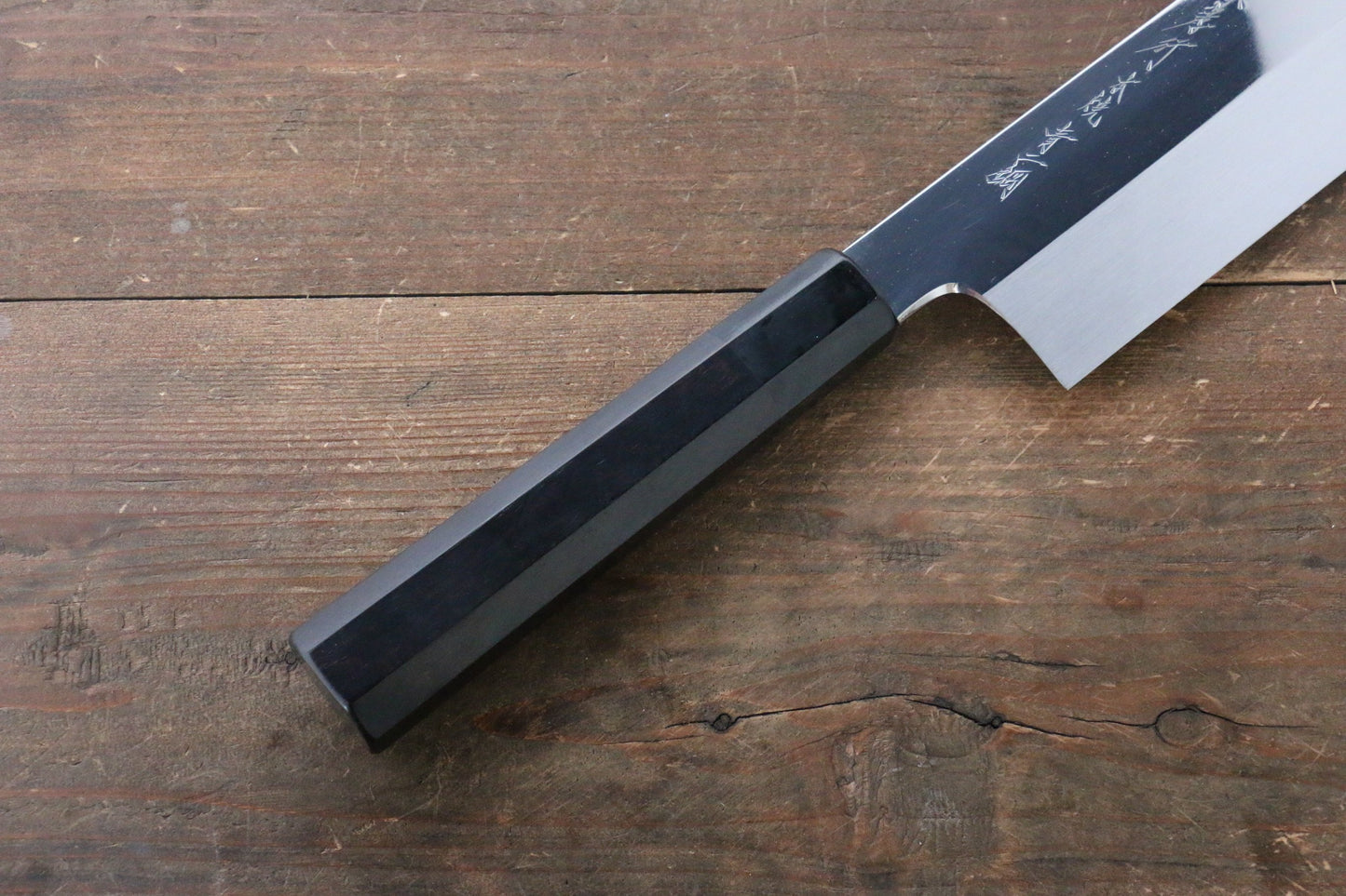 堺 孝行 本焼 青ニ鋼 鏡面仕上げ 鎌形薄刃包丁 240mm 黒檀柄 鞘付き - 清助刃物