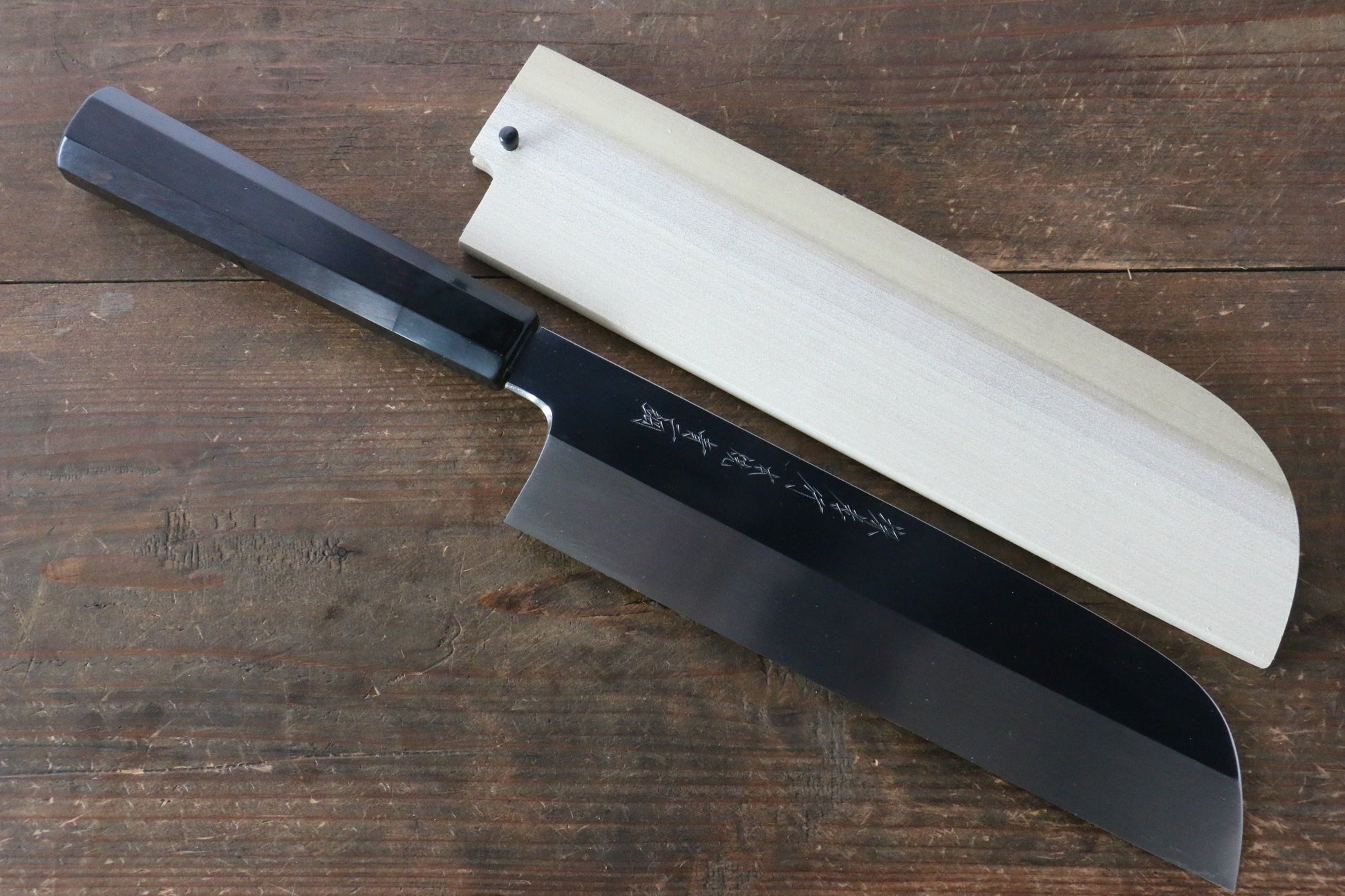堺 孝行 本焼 青ニ鋼 鏡面仕上げ 鎌形薄刃包丁 240mm 黒檀柄 鞘付き - 清助刃物