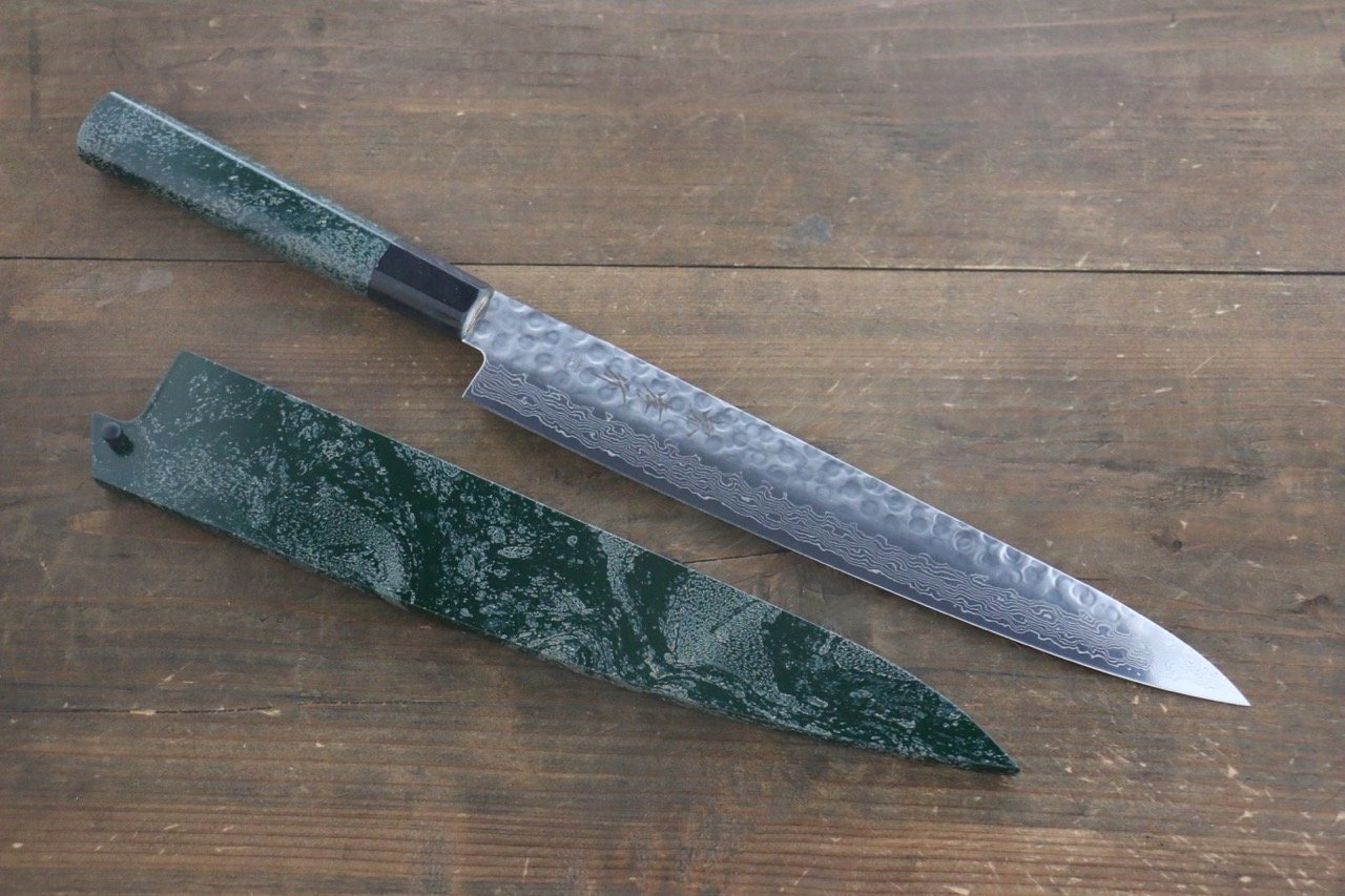 堺 孝行 AUS-10 45層 ダマスカス 鎚目 筋引包丁 240mm 緑漆塗り柄 鞘付き - 清助刃物