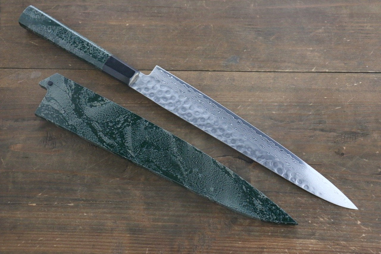 堺 孝行 AUS-10 45層 ダマスカス 鎚目 筋引包丁 240mm 緑漆塗り柄 鞘付き - 清助刃物