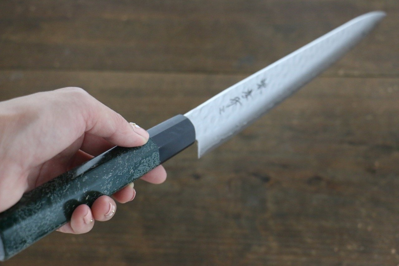堺 孝行 AUS-10 45層 ダマスカス 鎚目 筋引包丁 240mm 緑漆塗り柄 鞘付き - 清助刃物