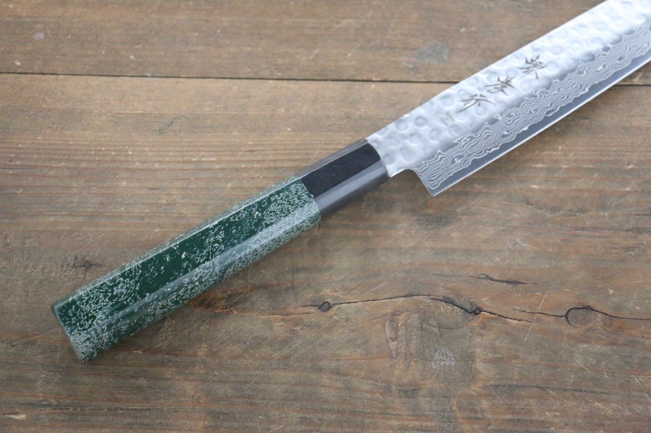 堺 孝行 AUS-10 45層 ダマスカス 鎚目 筋引包丁 240mm 緑漆塗り柄 鞘付き - 清助刃物