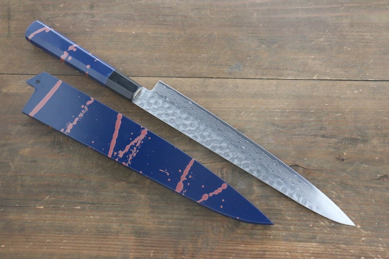 堺 孝行 AUS-10 45層 ダマスカス 鎚目 筋引包丁 240mm 青漆塗り柄 鞘付き - 清助刃物
