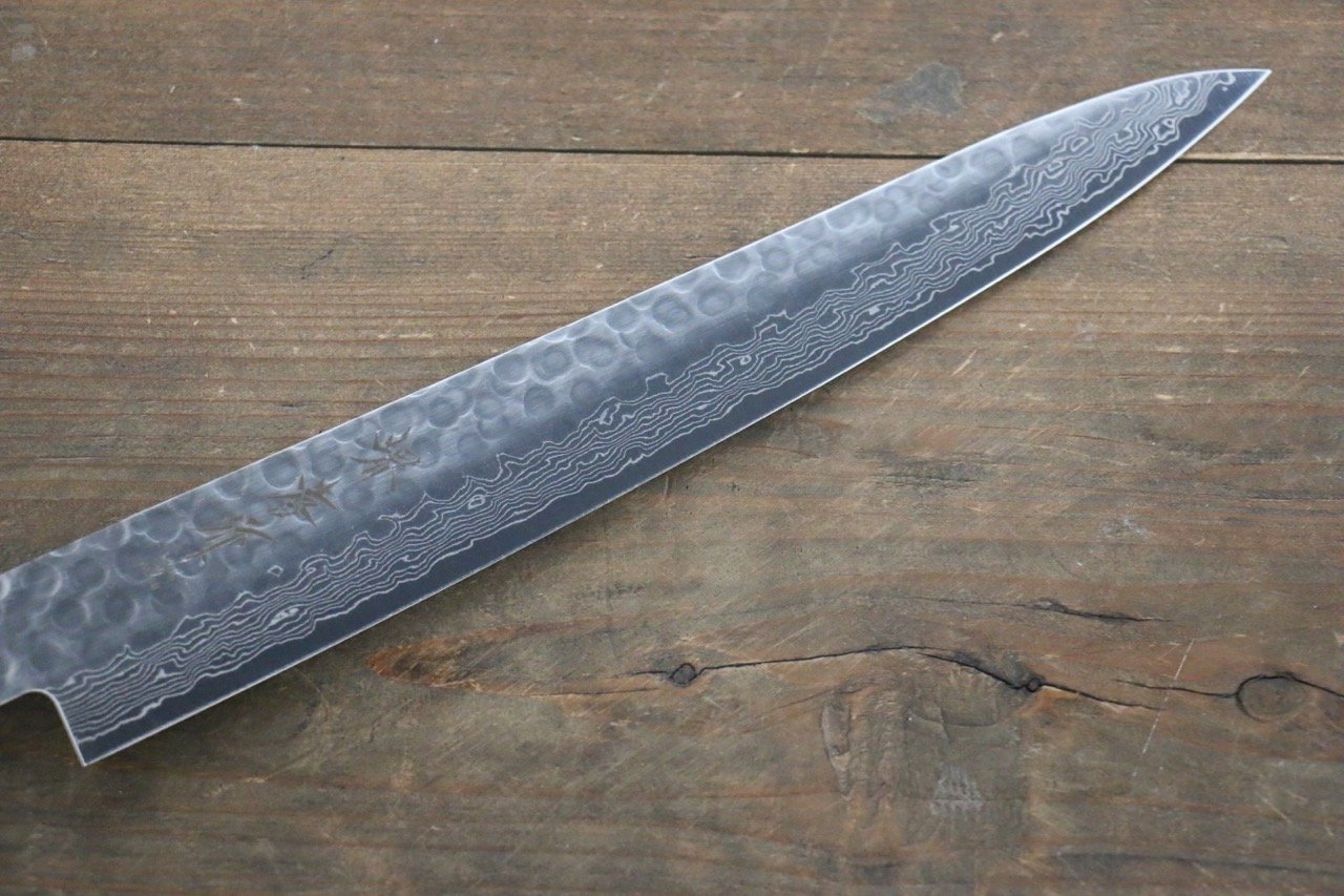堺 孝行 AUS-10 45層 ダマスカス 鎚目 筋引包丁 240mm 青漆塗り柄 鞘付き - 清助刃物