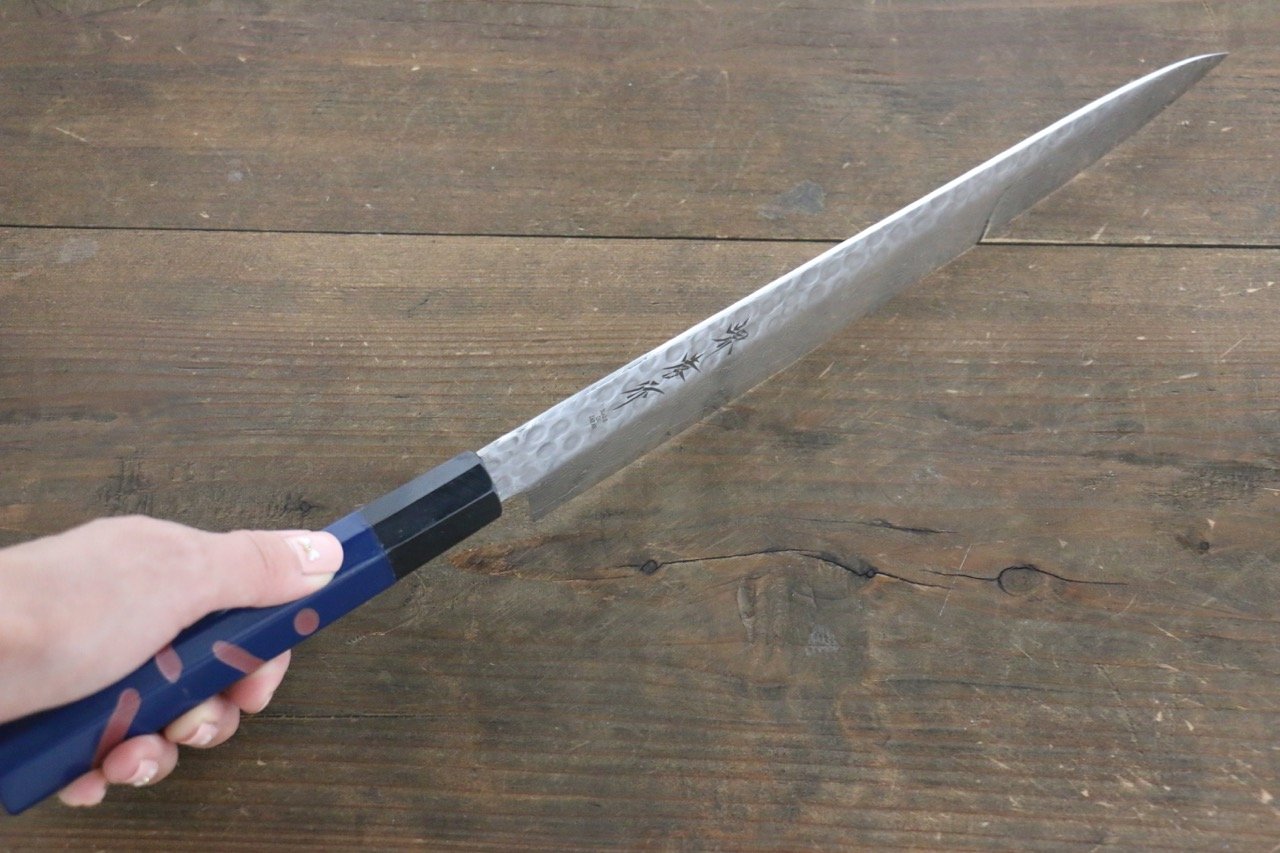堺 孝行 AUS-10 45層 ダマスカス 鎚目 筋引包丁 240mm 青漆塗り柄 鞘付き - 清助刃物