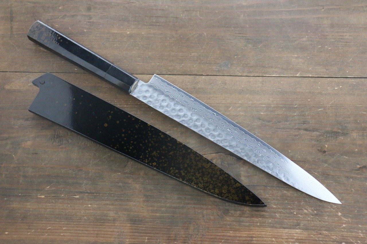 堺 孝行 AUS-10 45層 ダマスカス 鎚目 筋引包丁 240mm 金漆塗り柄 鞘付き - 清助刃物