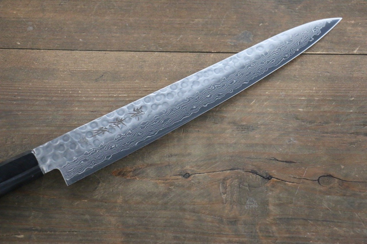 堺 孝行 AUS-10 45層 ダマスカス 鎚目 筋引包丁 240mm 金漆塗り柄 鞘付き - 清助刃物