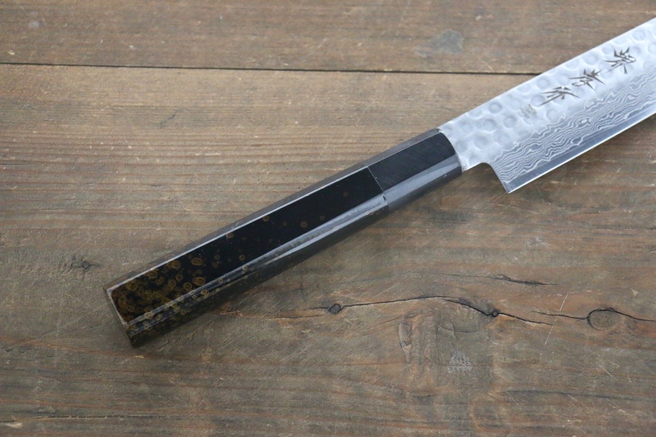 堺 孝行 AUS-10 45層 ダマスカス 鎚目 筋引包丁 240mm 金漆塗り柄 鞘付き - 清助刃物