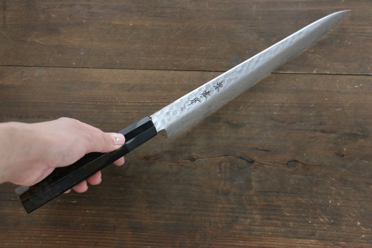 堺 孝行 AUS-10 45層 ダマスカス 鎚目 筋引包丁 240mm 金漆塗り柄 鞘付き - 清助刃物