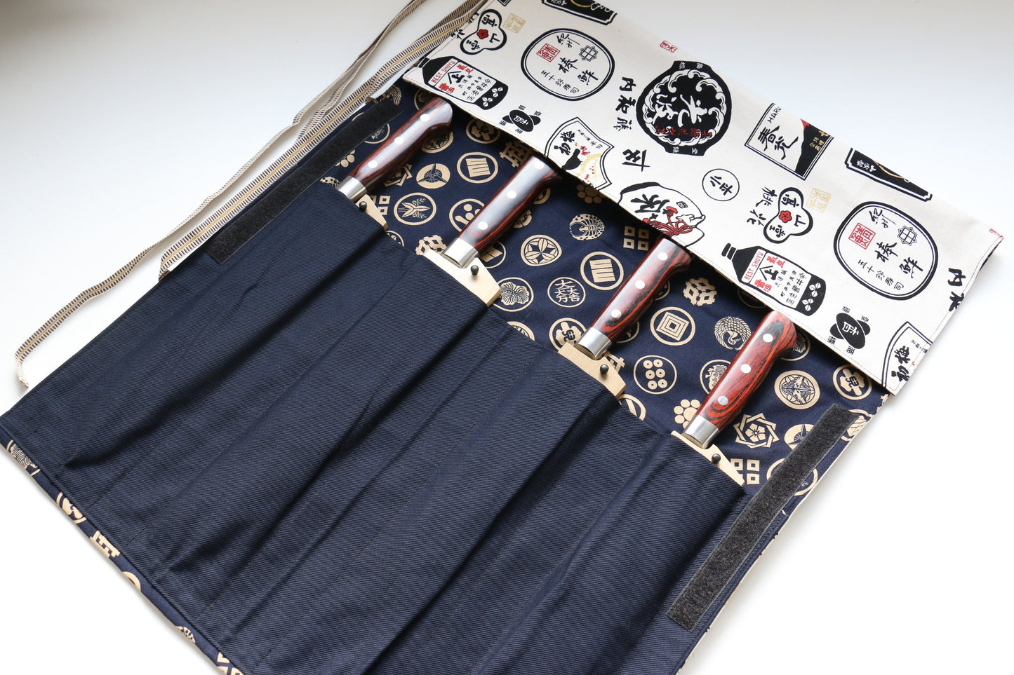 Japanese Style Knife Roll Shirocha-U-GoldKamon&Kon 4 Pockets - 清助刃物