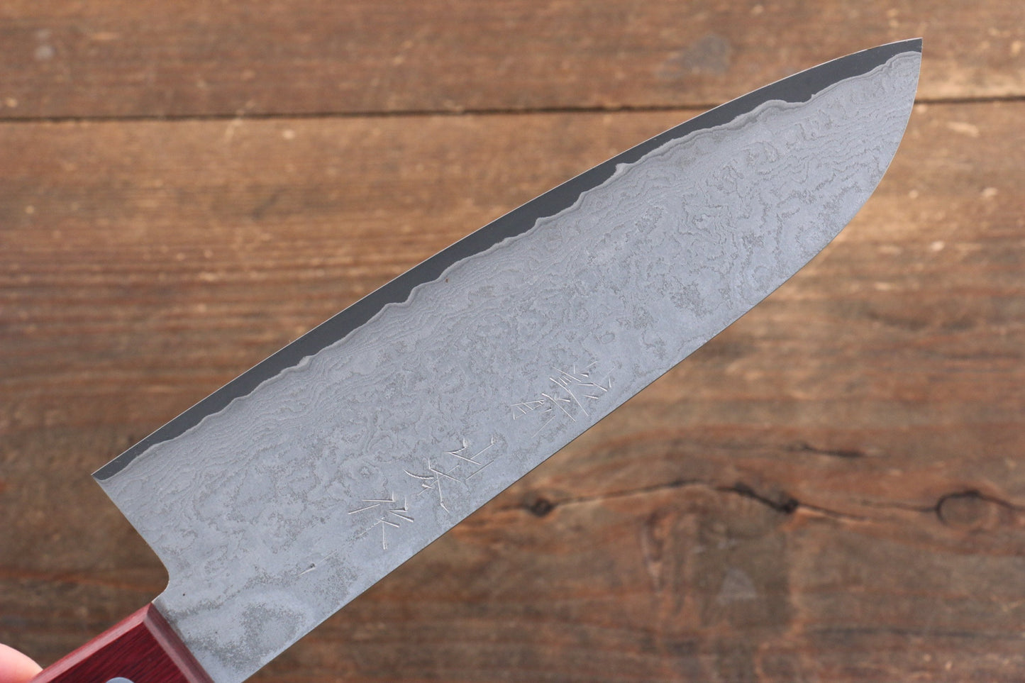 山本 直 V金10号 黒ダマスカス 三徳包丁 180mm 赤合板柄 - 清助刃物