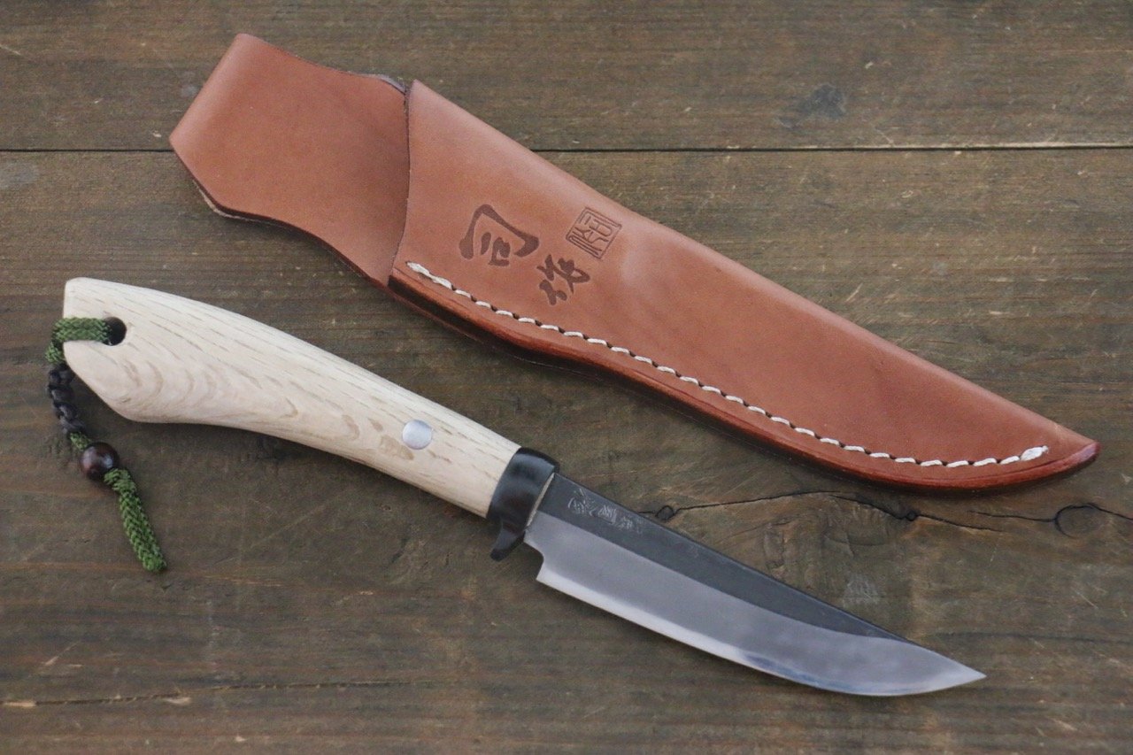 Tsukasa Hinoura Blue Steel Kurouchi Hunter Knife 105mm with Oak Handle - 清助刃物