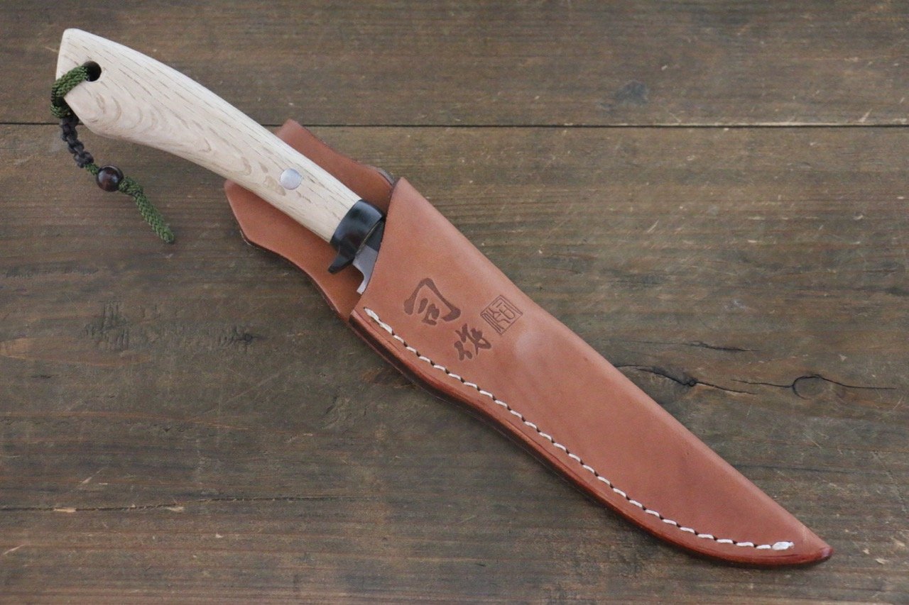 Tsukasa Hinoura Blue Steel Kurouchi Hunter Knife 105mm with Oak Handle - 清助刃物