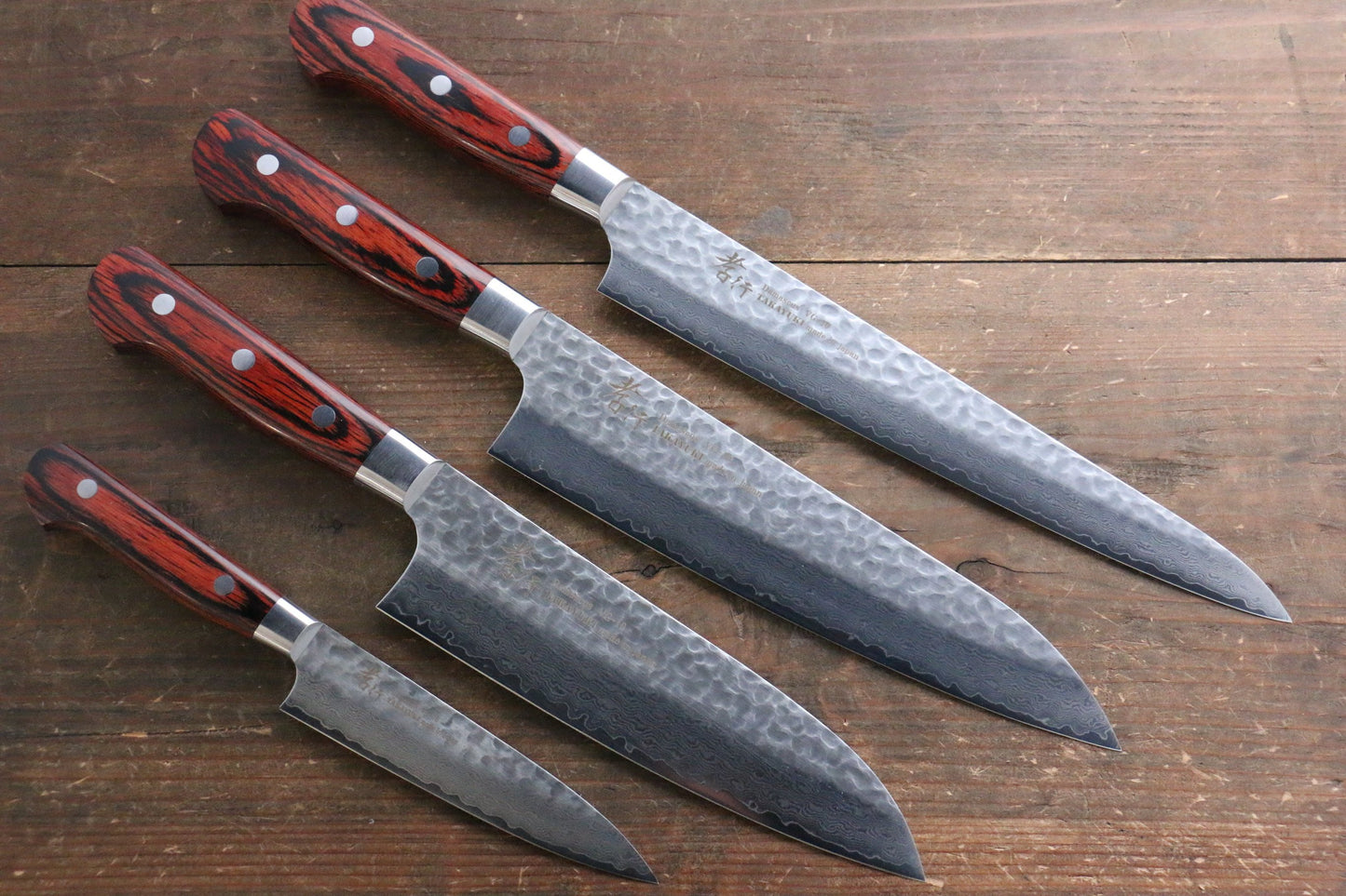 Sakai Takayuki VG10 33 Layer Damascus Sujihiki 240mm, Gyuto 210mm, Santoku 180mm & Petty 120mm Set - 清助刃物