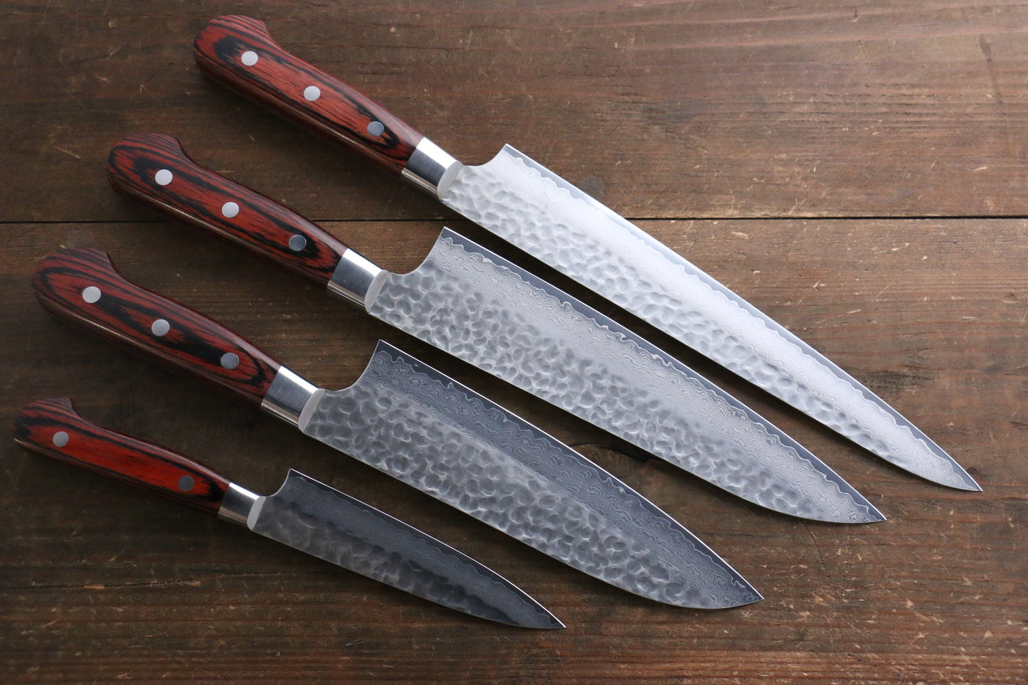 Sakai Takayuki VG10 33 Layer Damascus Sujihiki 240mm, Gyuto 210mm, Santoku 180mm & Petty 120mm Set - 清助刃物