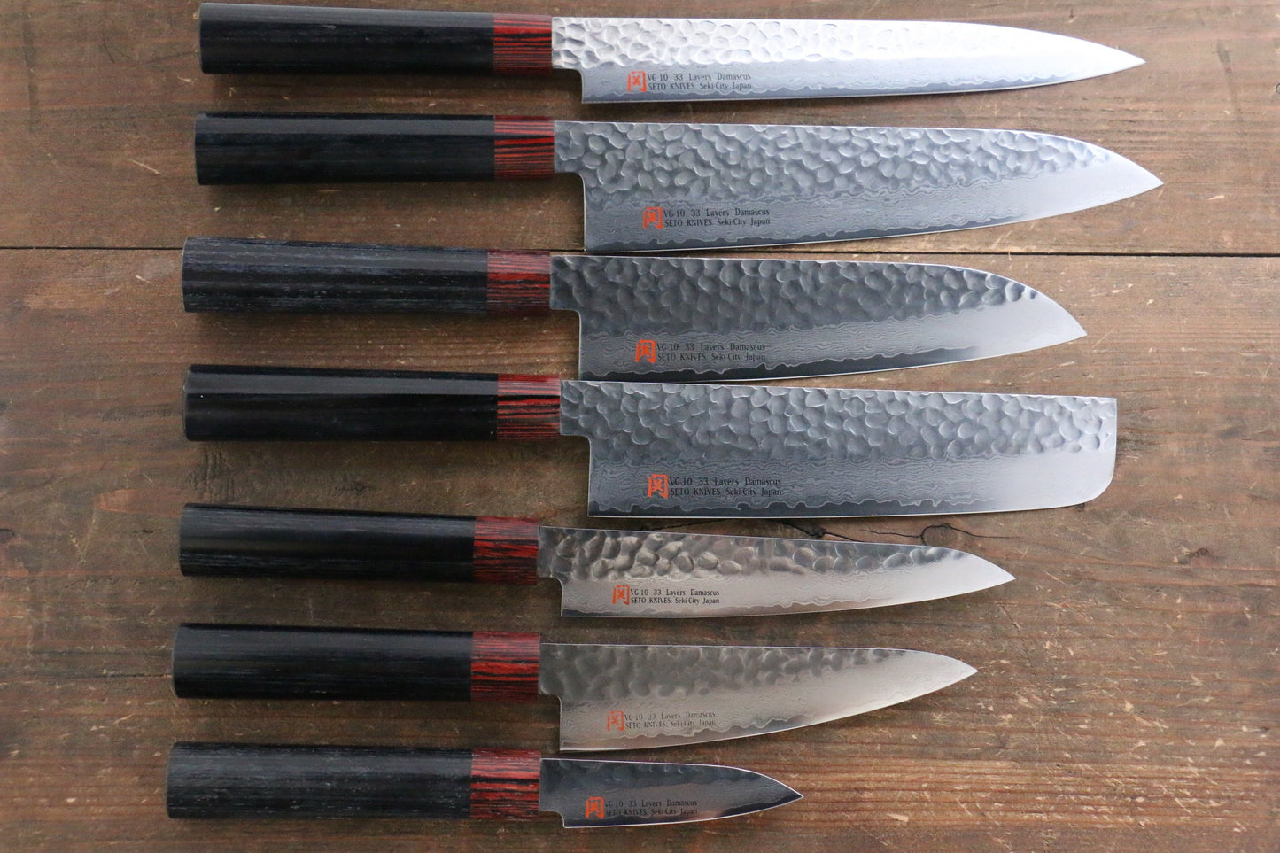 Iseya VG10 33 Layer Damascus Japanese Petty 80mm, Petty 150mm, Santoku, Small Santoku, Gyuto, Nakiri & Sushi Chef Knife 210mm Set - 清助刃物