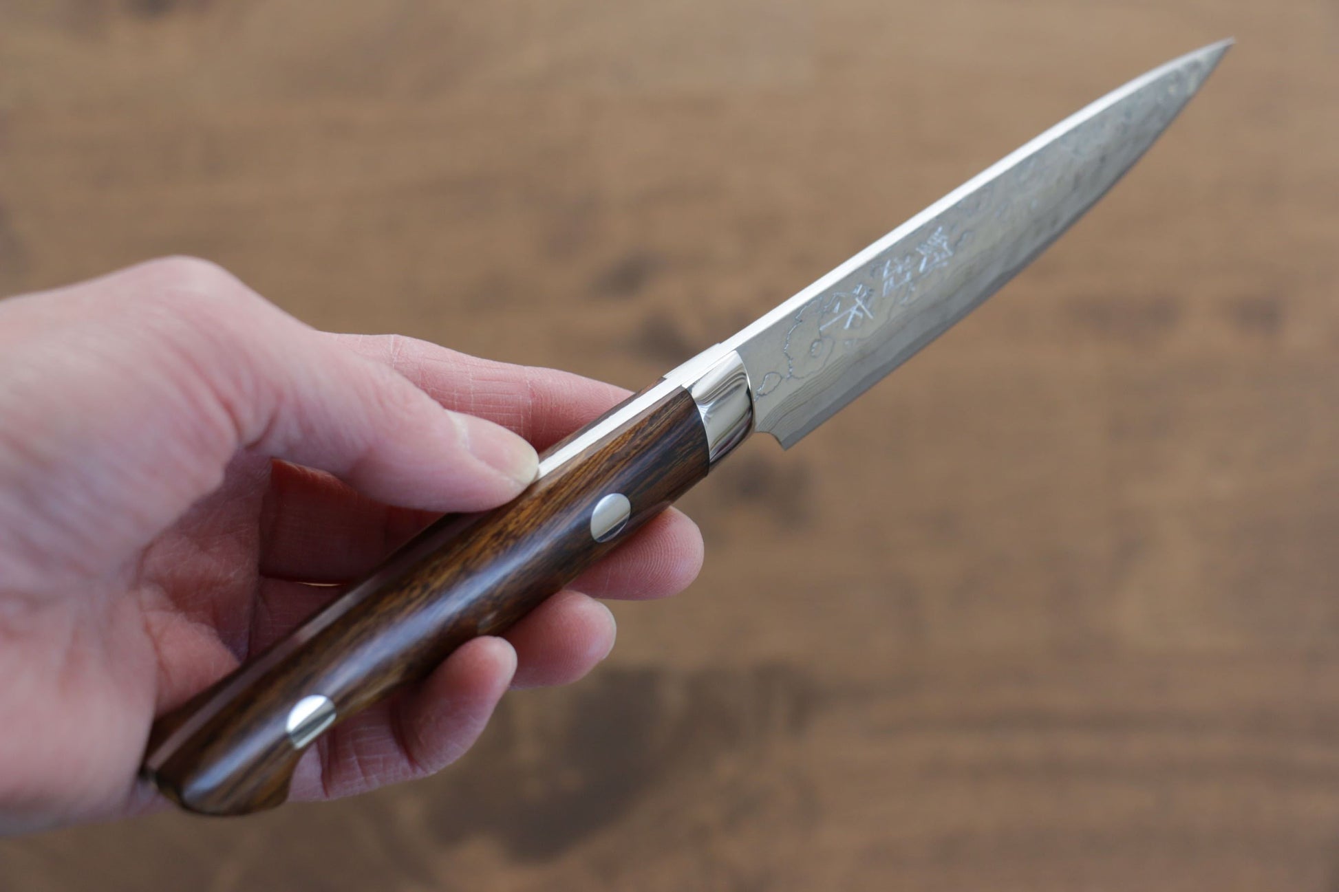 野村 V金10号 ダマスカス ペティーナイフ  100mm アイアンウッド柄 - 清助刃物