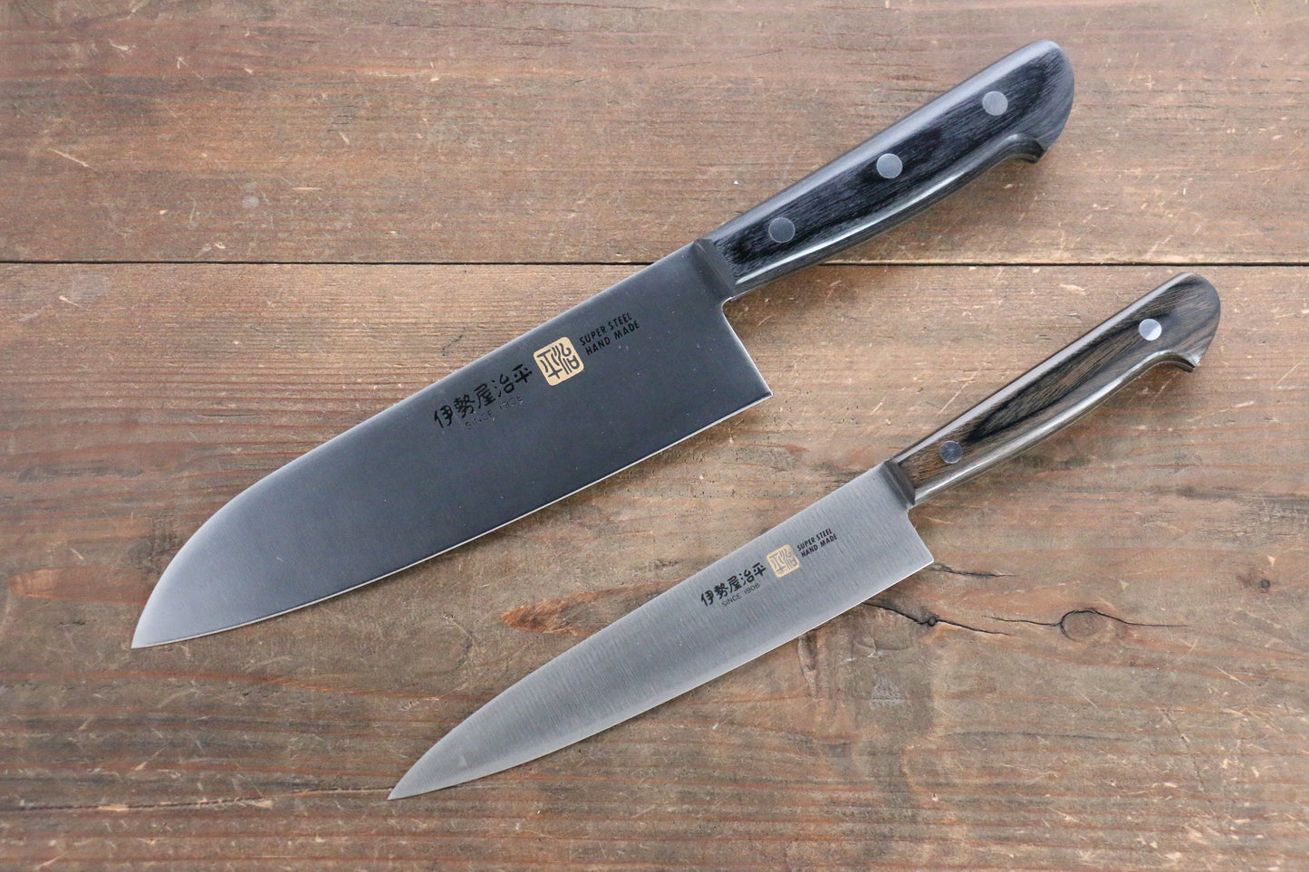 Iseya Molybdenum Steel petty Knife 150mm & Santoku Knife 180mm with Black Packer wood Handle Set - 清助刃物