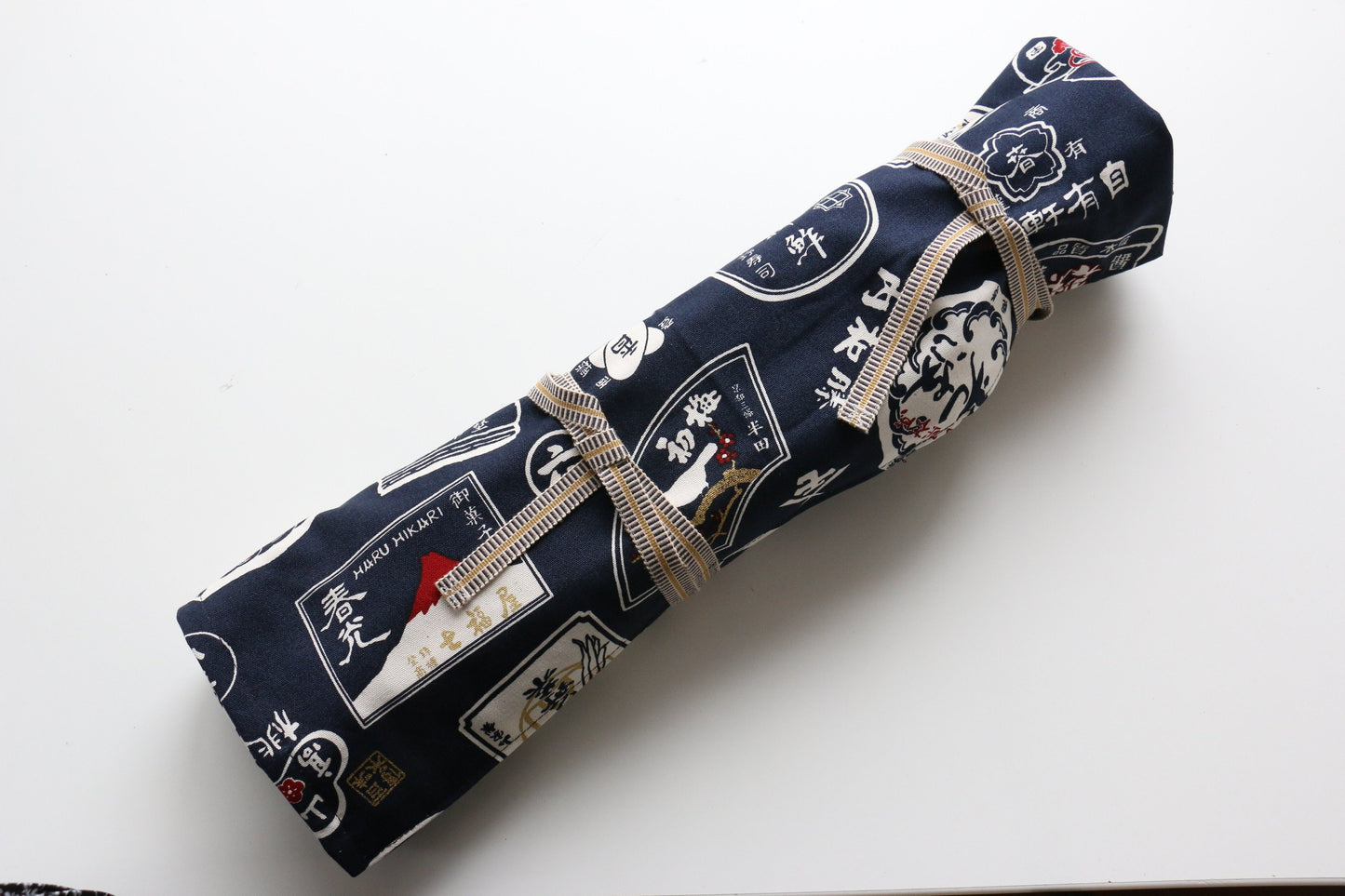 和柄包丁ケース 紺茶×裏白家紋×紺柄 7本用 - 清助刃物