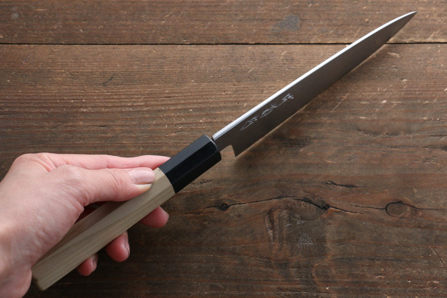 堺 菊守 青一鋼 ダマスカス ペティーナイフ 150mm 朴柄 - 清助刃物