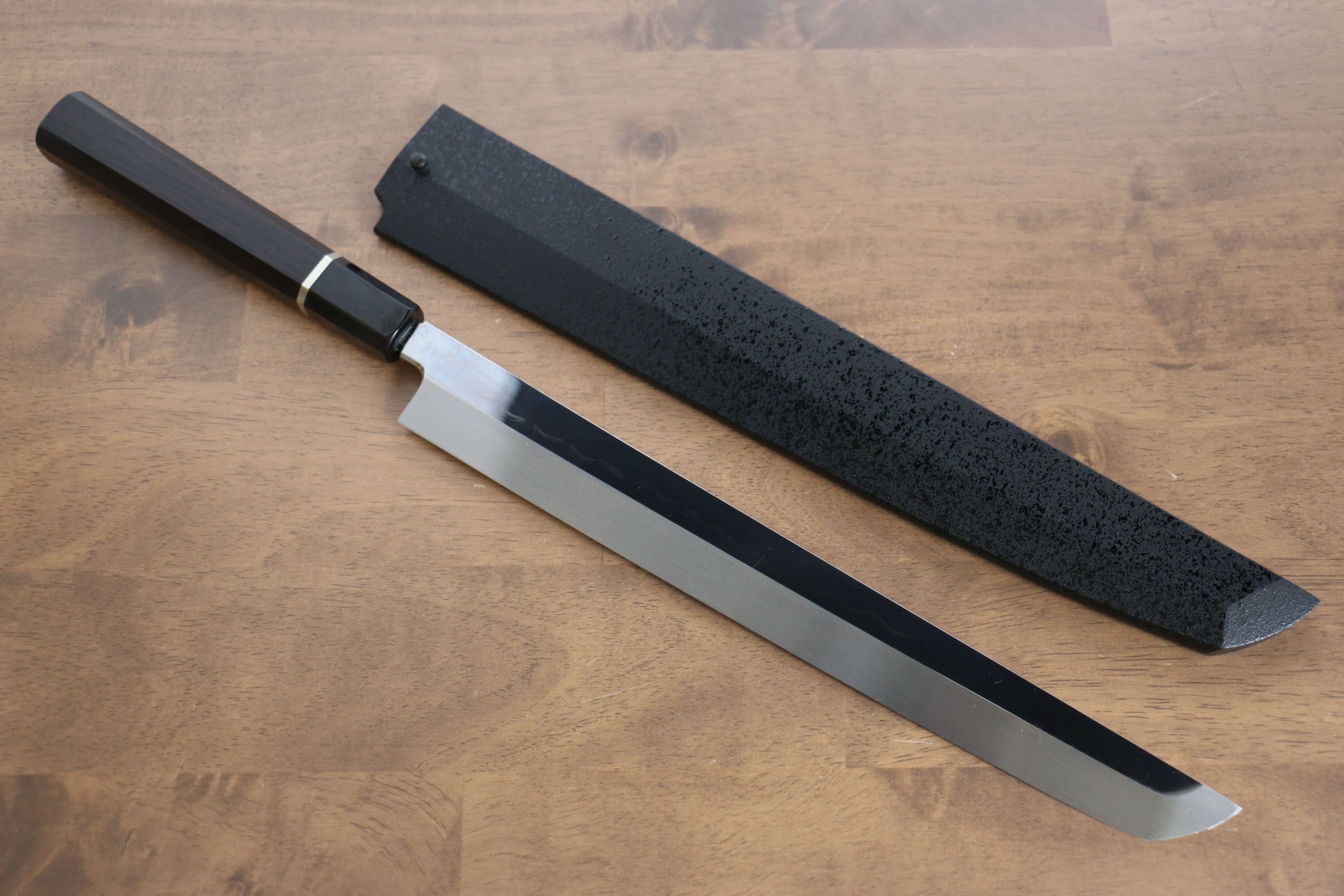 堺 孝行 水本焼 白ニ鋼 鏡面仕上げ 先丸柳刃包丁  300mm リング付き黒檀柄 鞘付き - 清助刃物