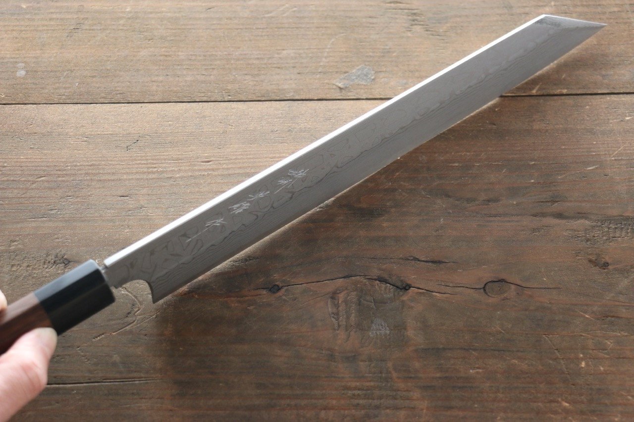 北岡 英雄 白ニ鋼 ダマスカス 切付柳刃包丁  270mm 紫檀柄 - 清助刃物