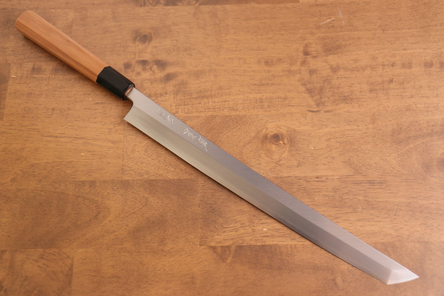 鐵泉 田中作 玉鋼 先丸柳刃包丁 315mm 山桜柄 鞘付き - 清助刃物