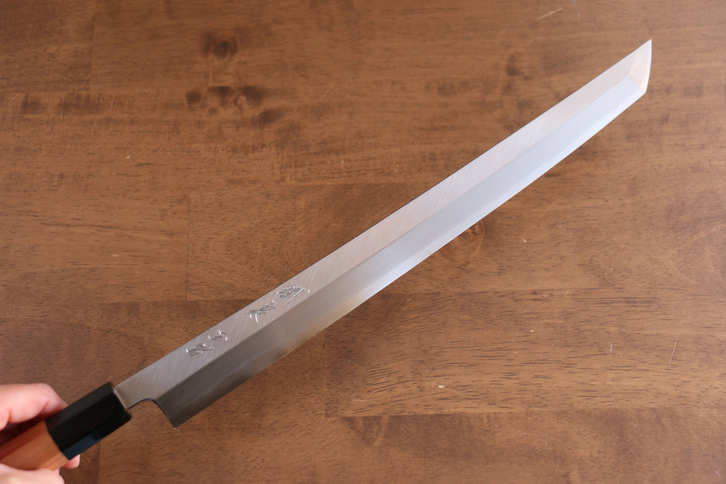 鐵泉 田中作 玉鋼 先丸柳刃包丁 315mm 山桜柄 鞘付き - 清助刃物