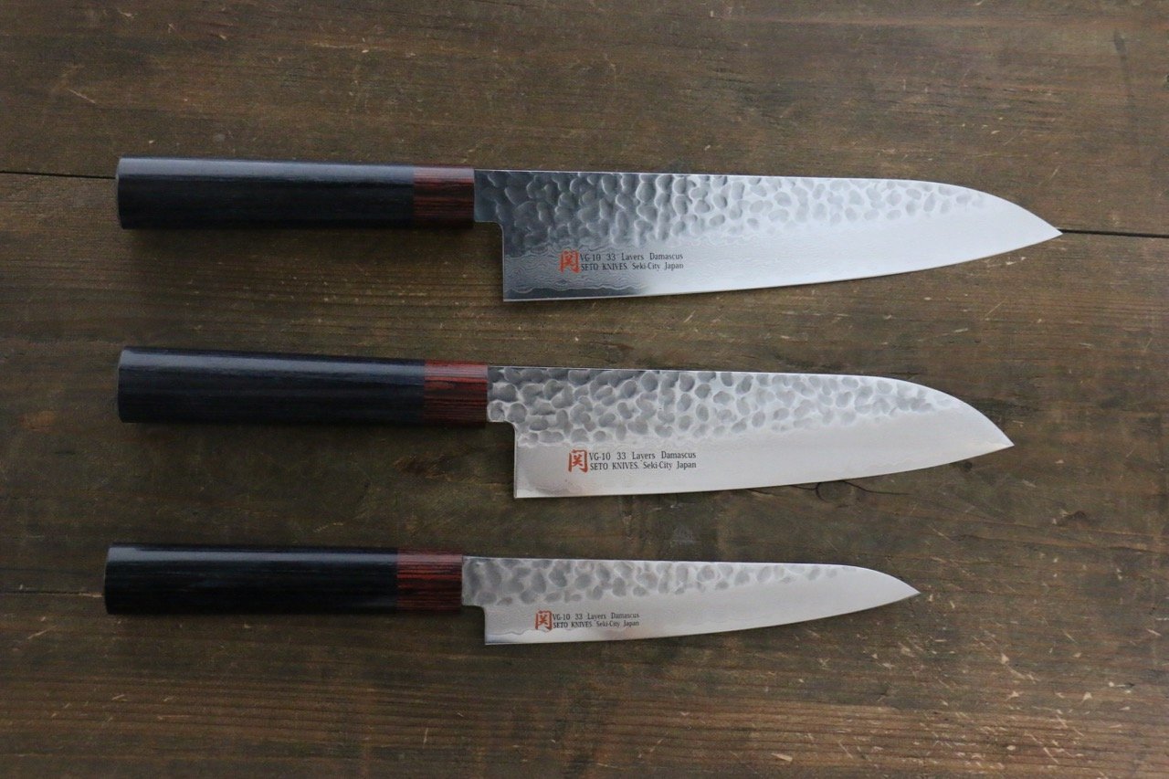 伊勢屋 V金10号 ダマスカス 牛刀包丁 210mm, 三徳包丁 & ペティナイフ 150mm セット - 清助刃物