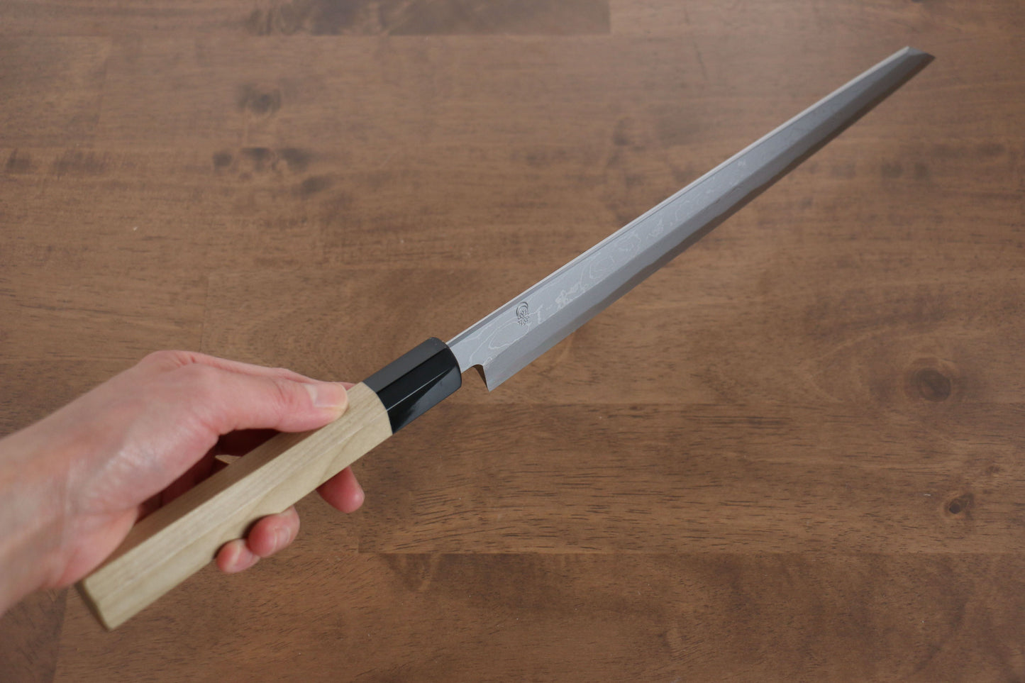 菊月 青一鋼 ダマスカス 切付柳刃包丁  300mm 朴柄 - 清助刃物