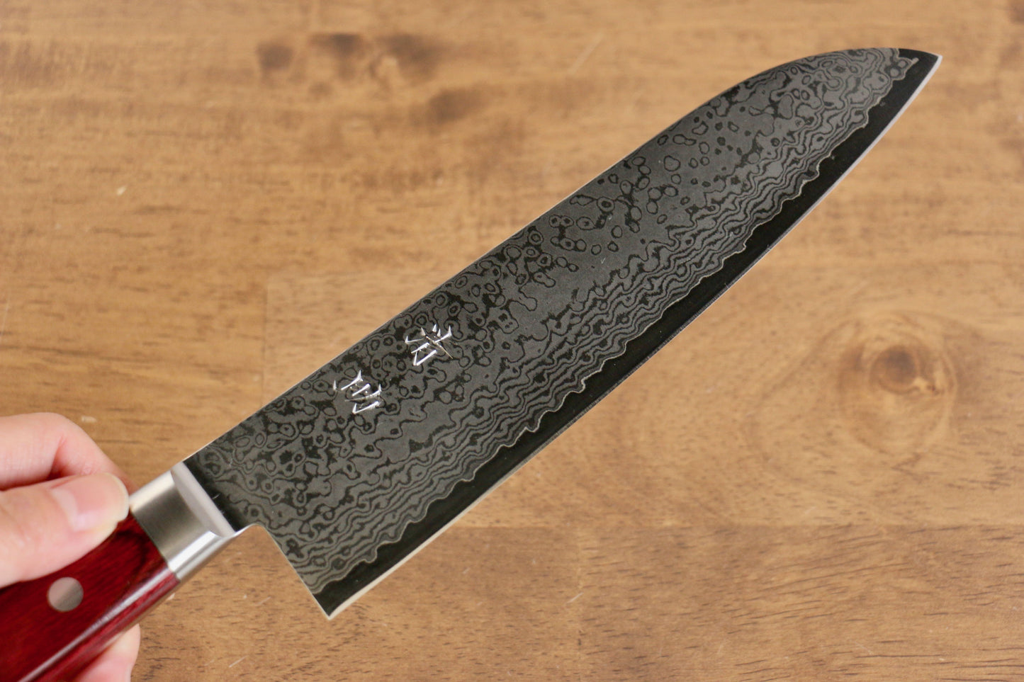 清助 V金10号 33層 鏡面仕上げ ダマスカス 三徳包丁 180mm 赤合板柄 - 清助刃物