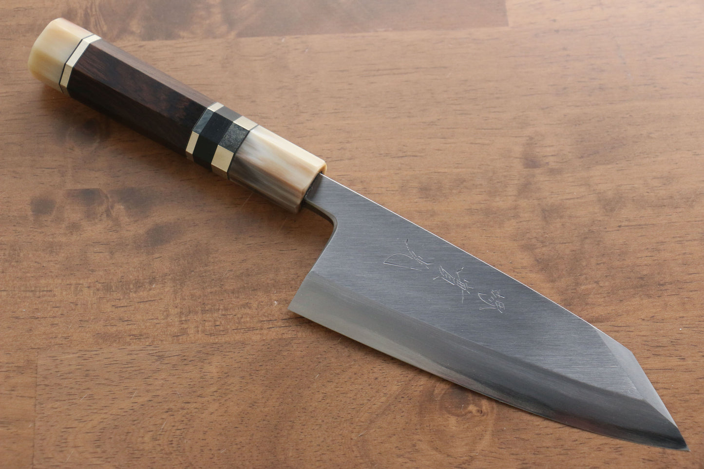 實光 至光 白鋼 切付出刃包丁 150mm 両側リング付き黒檀柄 - 清助刃物