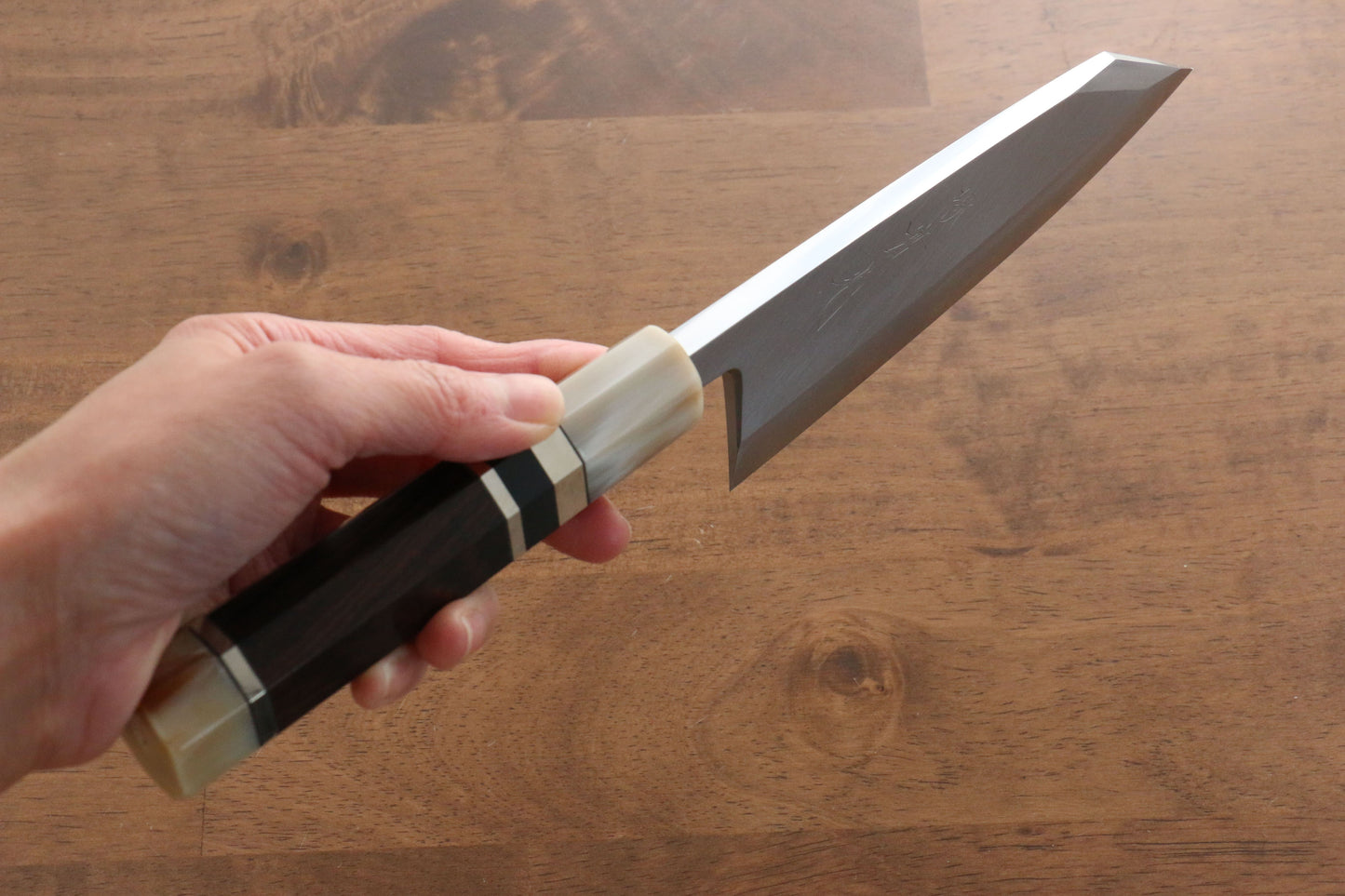 實光 至光 白鋼 切付出刃包丁 150mm 両側リング付き黒檀柄 - 清助刃物