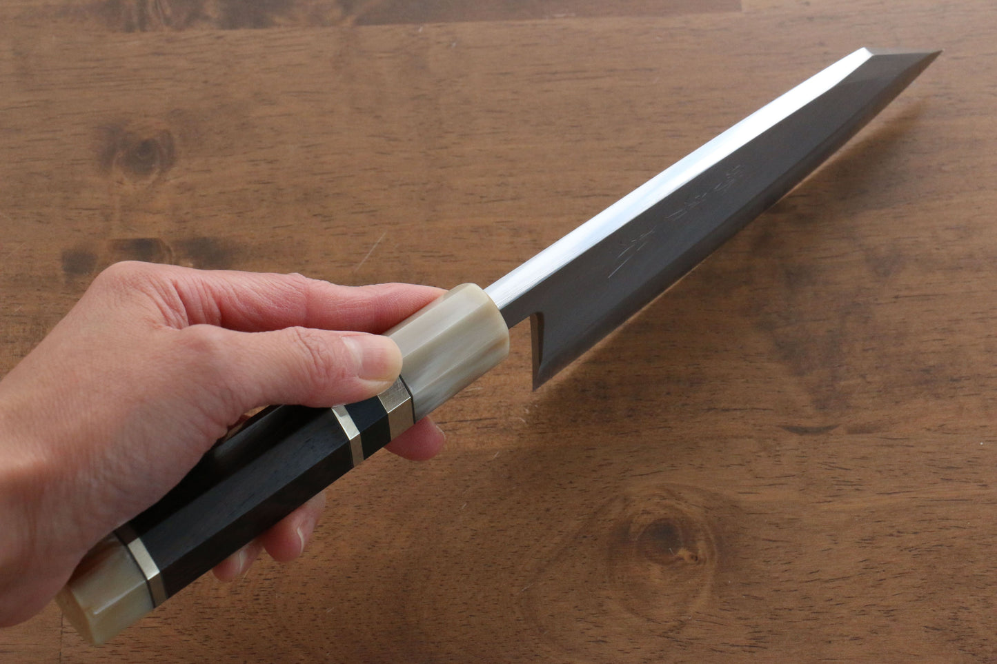 實光 至光 白鋼 切付出刃包丁 150mm 両側リング付き黒檀柄 - 清助刃物