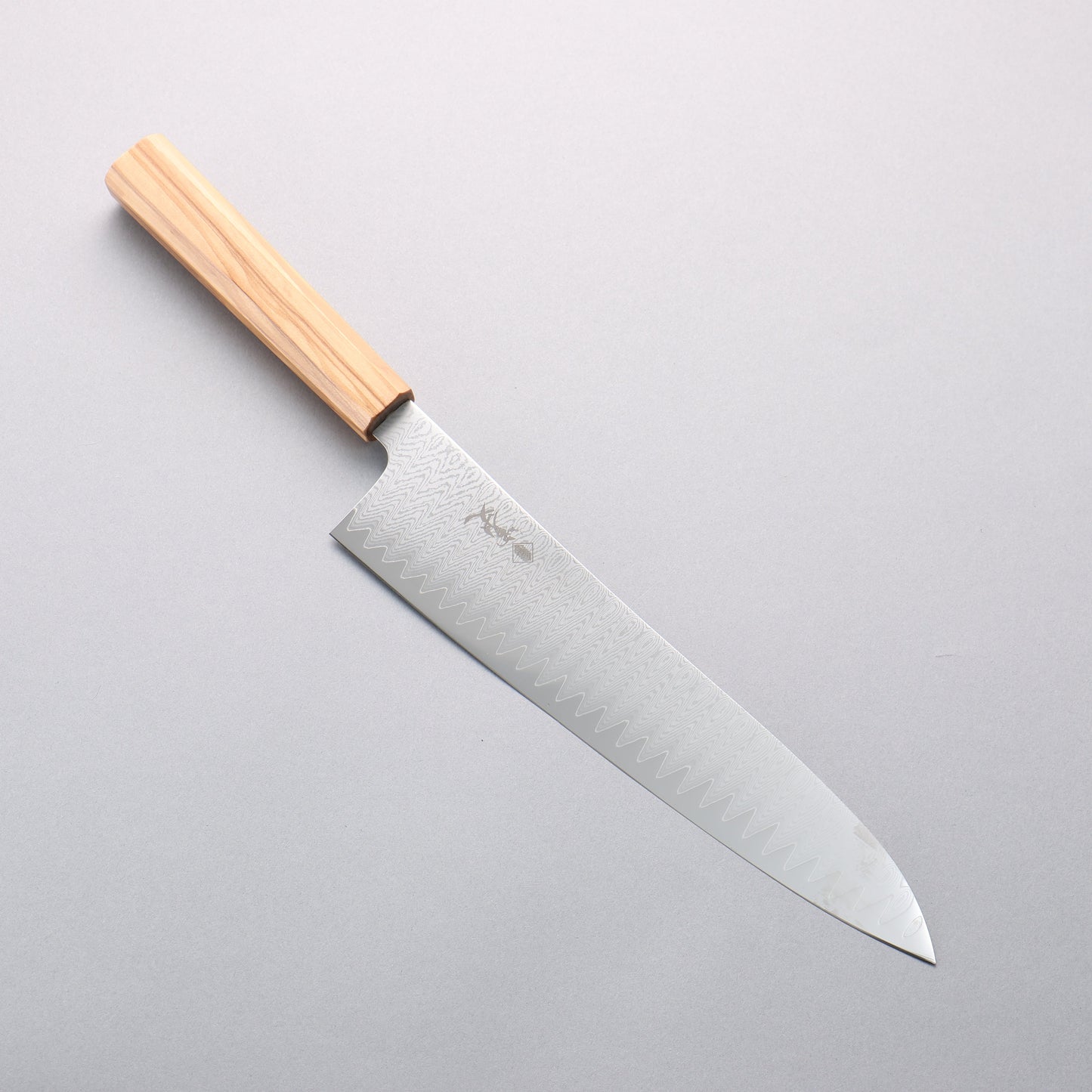 寛丈 V金10号 ダマスカス 牛刀包丁 240mm オリーブの木柄 - 清助刃物
