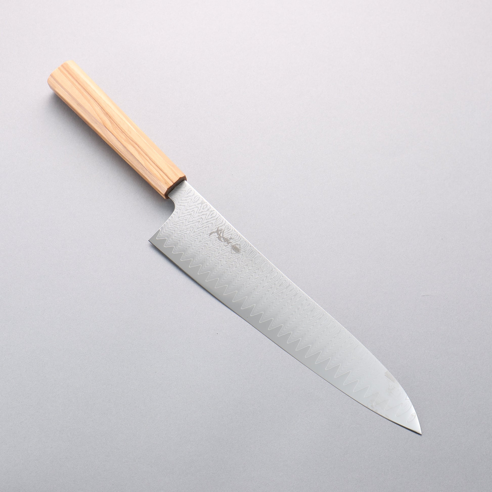 寛丈 V金10号 ダマスカス 牛刀包丁 240mm オリーブの木柄 - 清助刃物