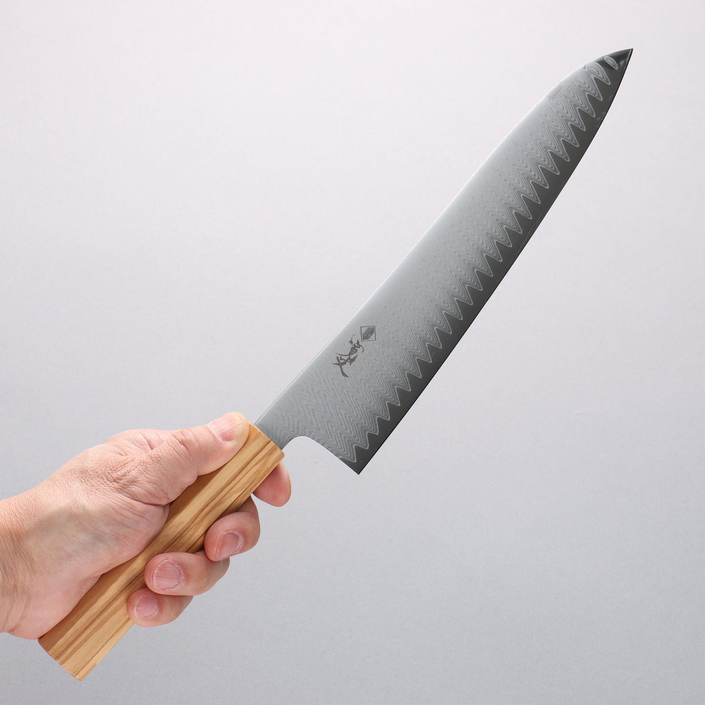 寛丈 V金10号 ダマスカス 牛刀包丁 240mm オリーブの木柄 - 清助刃物