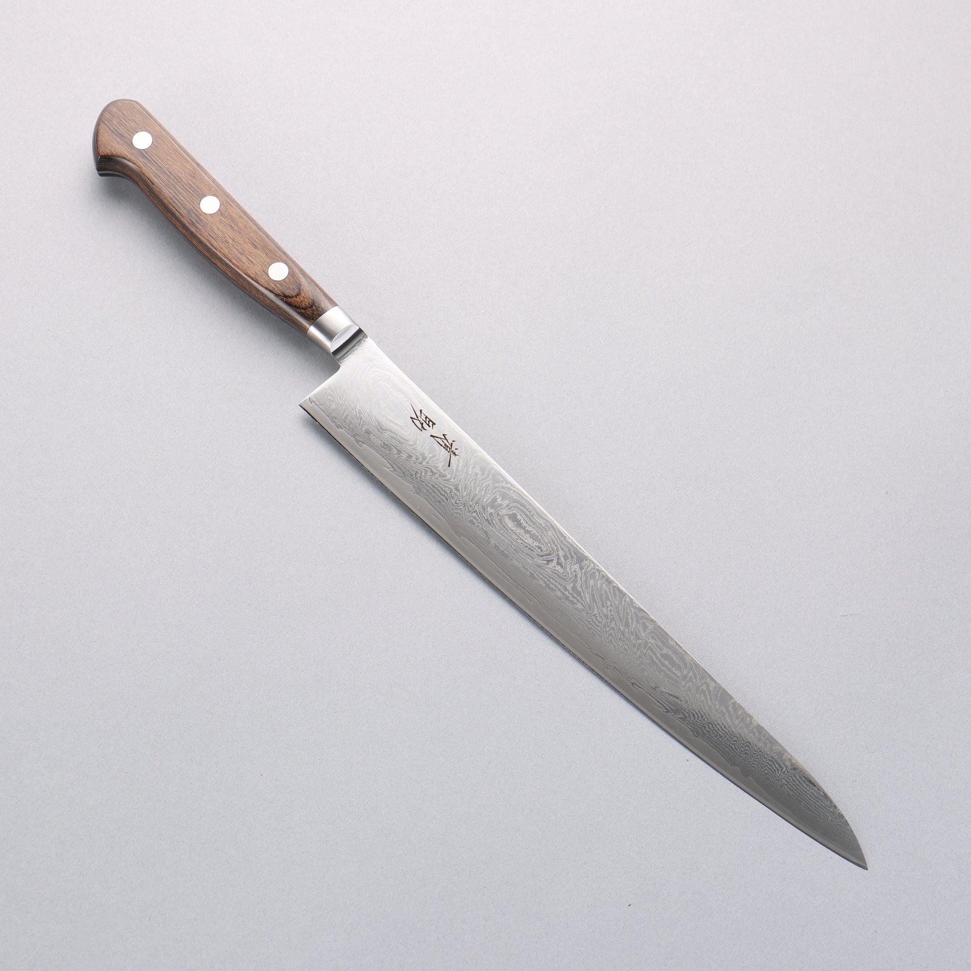 清助 波 AUS10 鏡面仕上げ ダマスカス 筋引包丁 240mm 茶合板柄 - 清助刃物