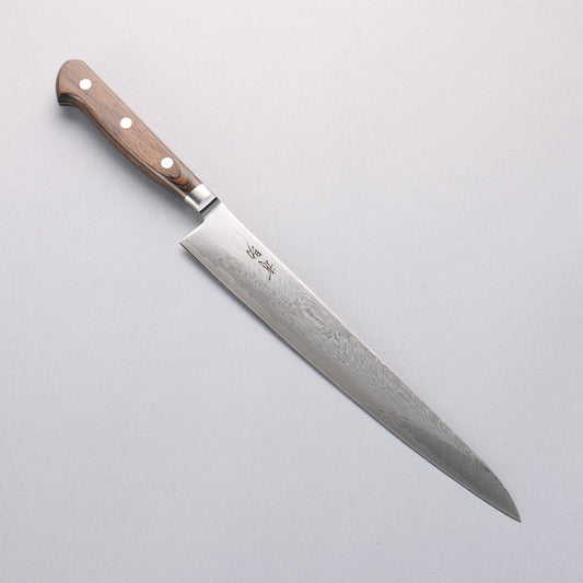 清助 波 AUS10 鏡面仕上げ ダマスカス 筋引包丁 240mm 茶合板柄 - 清助刃物