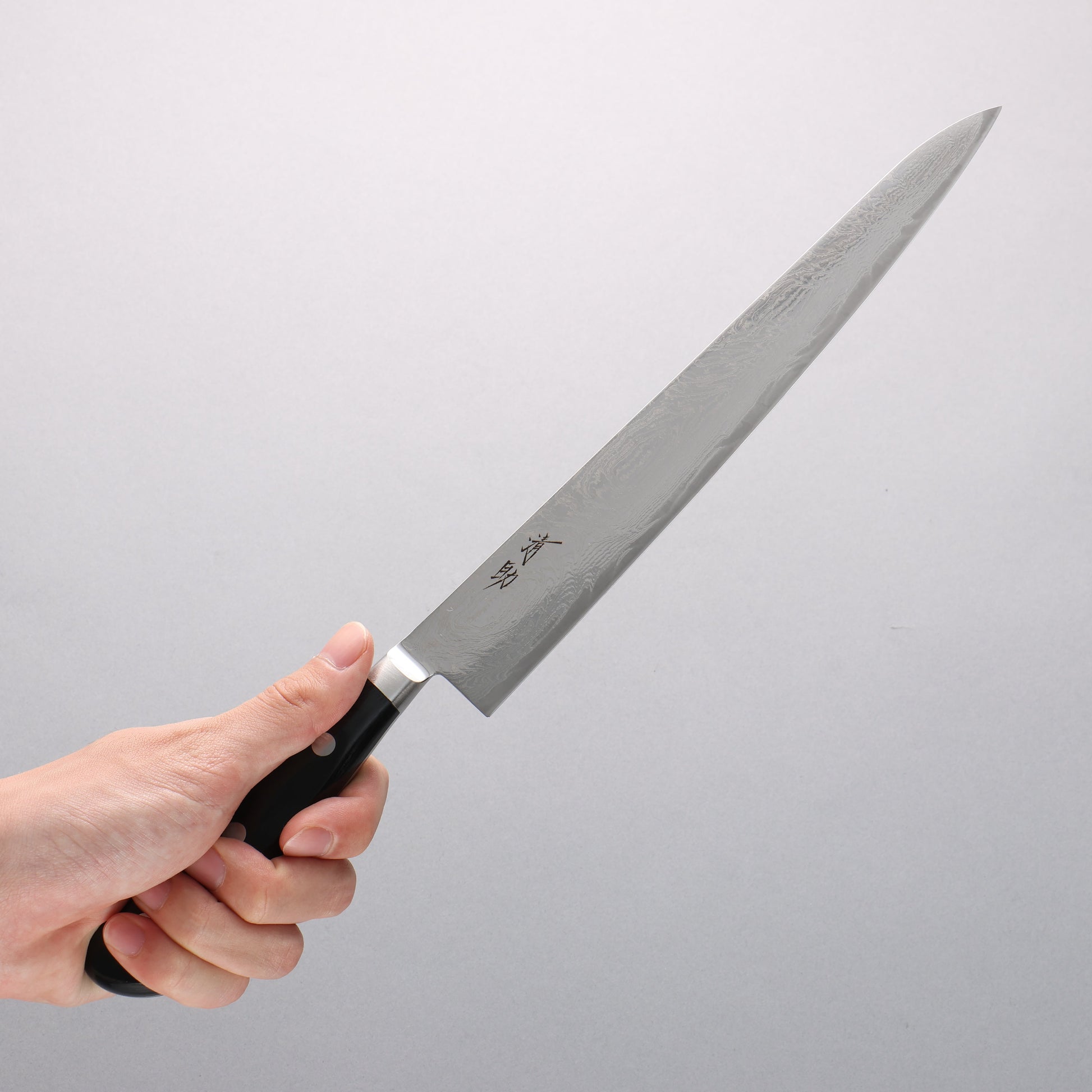 清助 波 AUS10 鏡面仕上げ ダマスカス 筋引包丁 240mm 黒合板柄 - 清助刃物