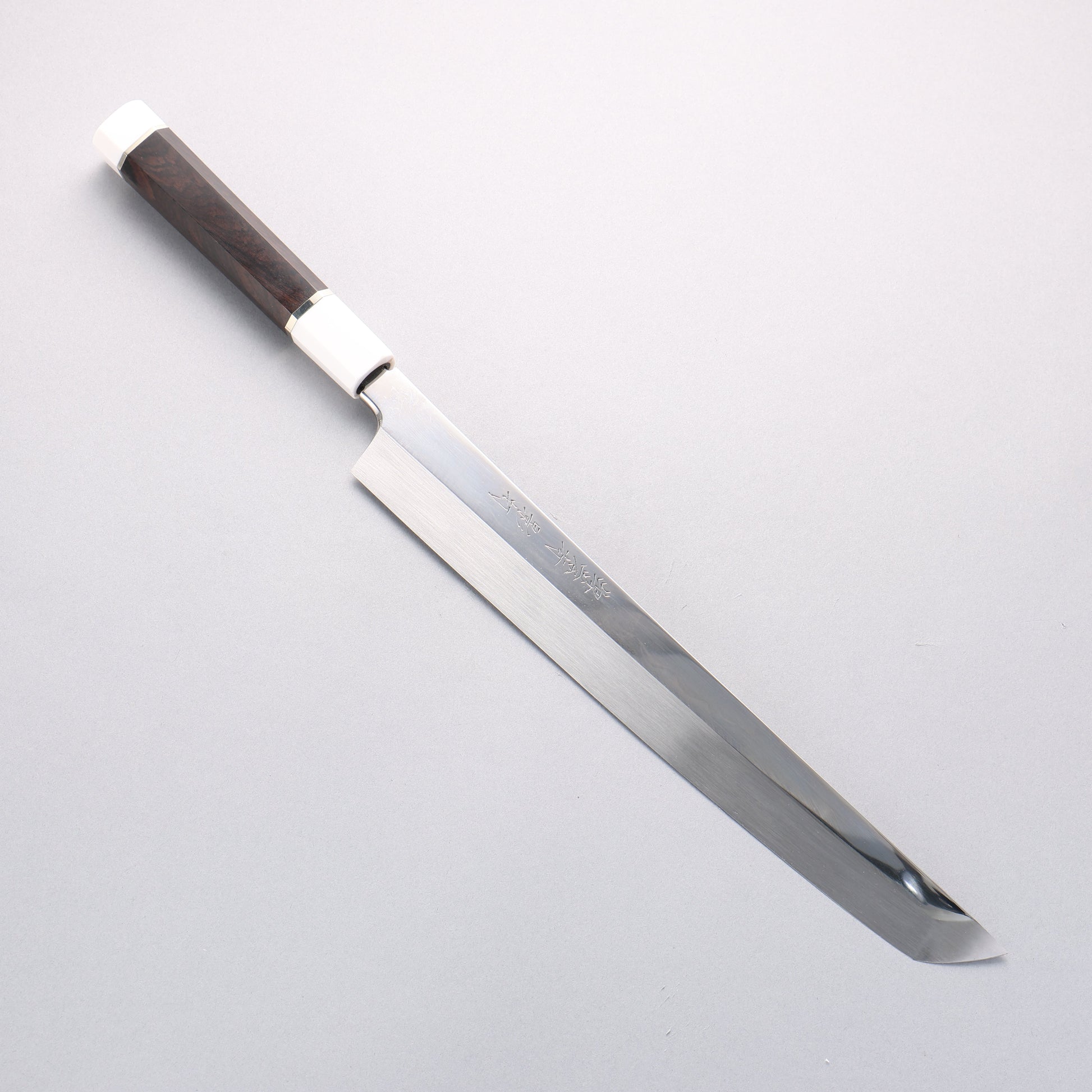 堺 孝行 影打 水本焼 白ニ鋼 鏡面仕上げ 先丸柳刃包丁 300mm 黒檀(両側水牛リング付き）柄 鞘付き - 清助刃物
