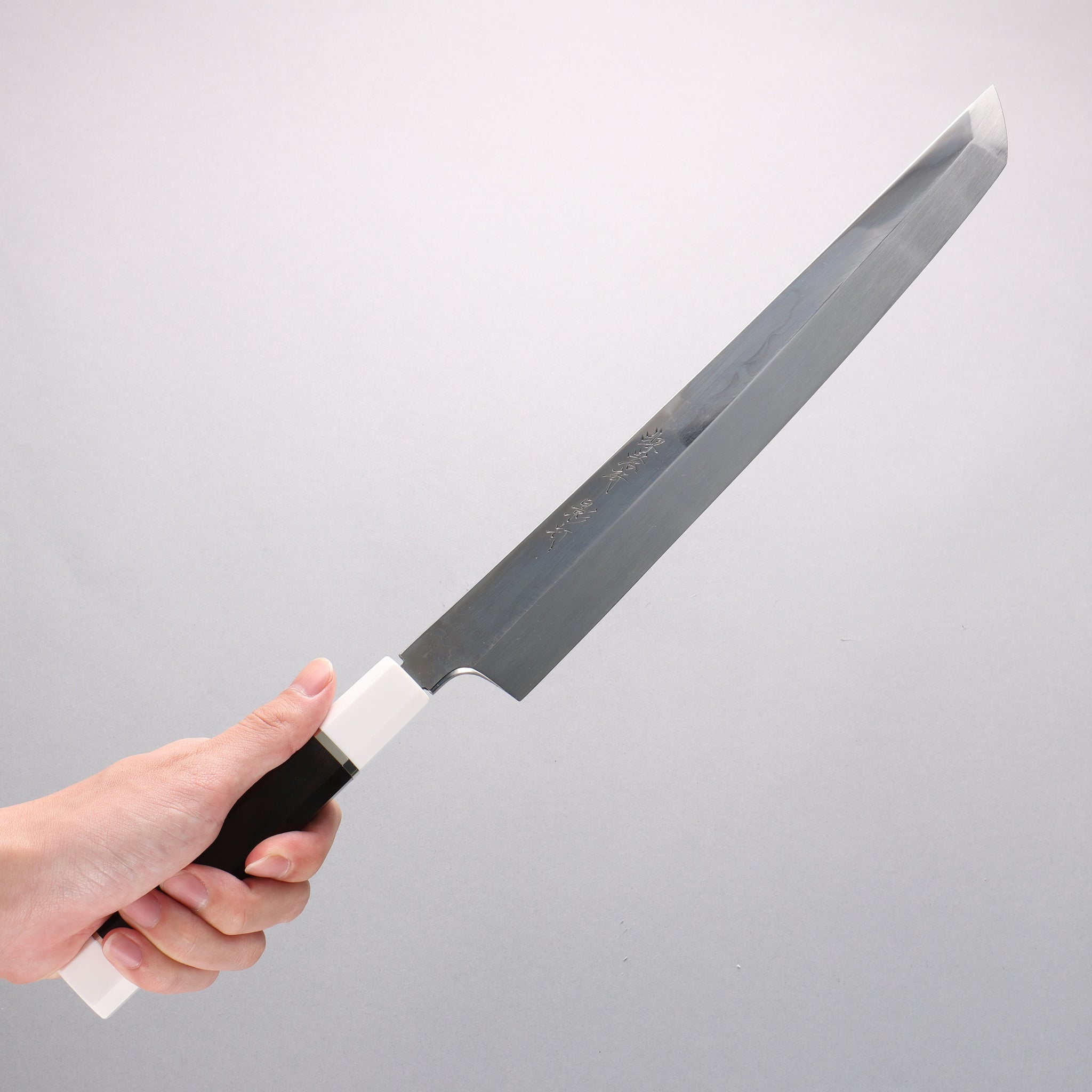 堺 孝行 影打 水本焼 白ニ鋼 鏡面仕上げ 先丸柳刃包丁 300mm 黒檀(両側水牛リング付き）柄 鞘付き - 清助刃物