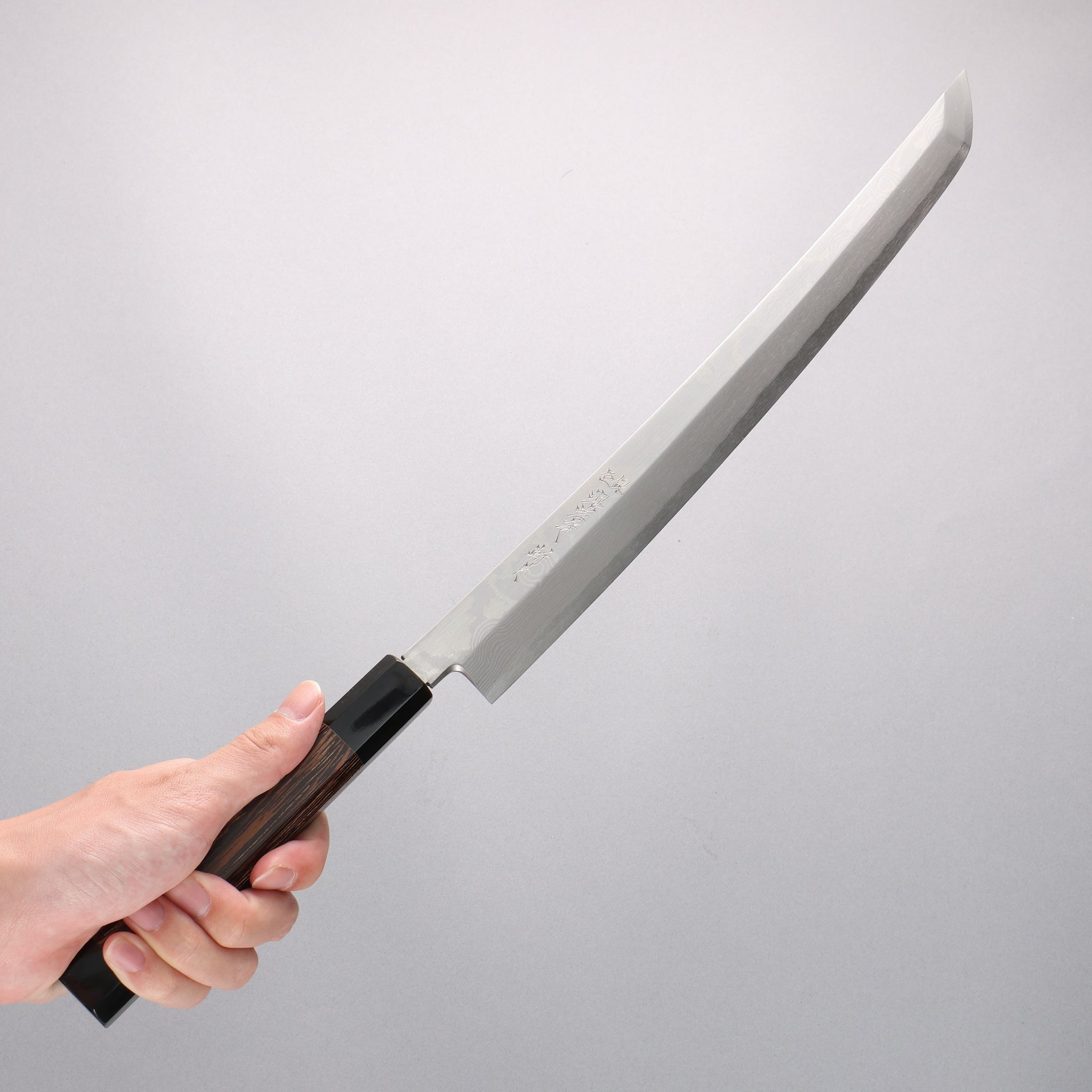 堺 孝行 斬月 炎天 銀三鋼 ダマスカス 先丸柳刃包丁 330mm ウエンジ(両側水牛リング付き）柄 鞘付き - 清助刃物