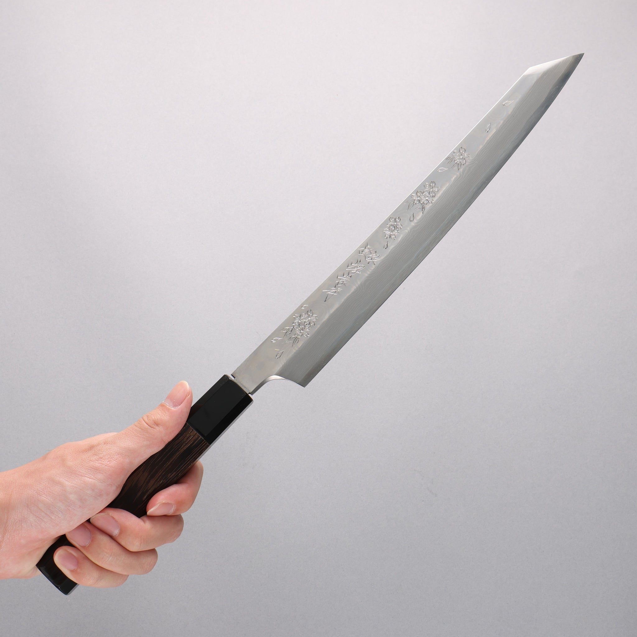 堺 孝行 飛燕 銀三鋼 柳刃包丁 華吹雪 ウエンジ(両側水牛リング付き)柄 鞘付き - 清助刃物