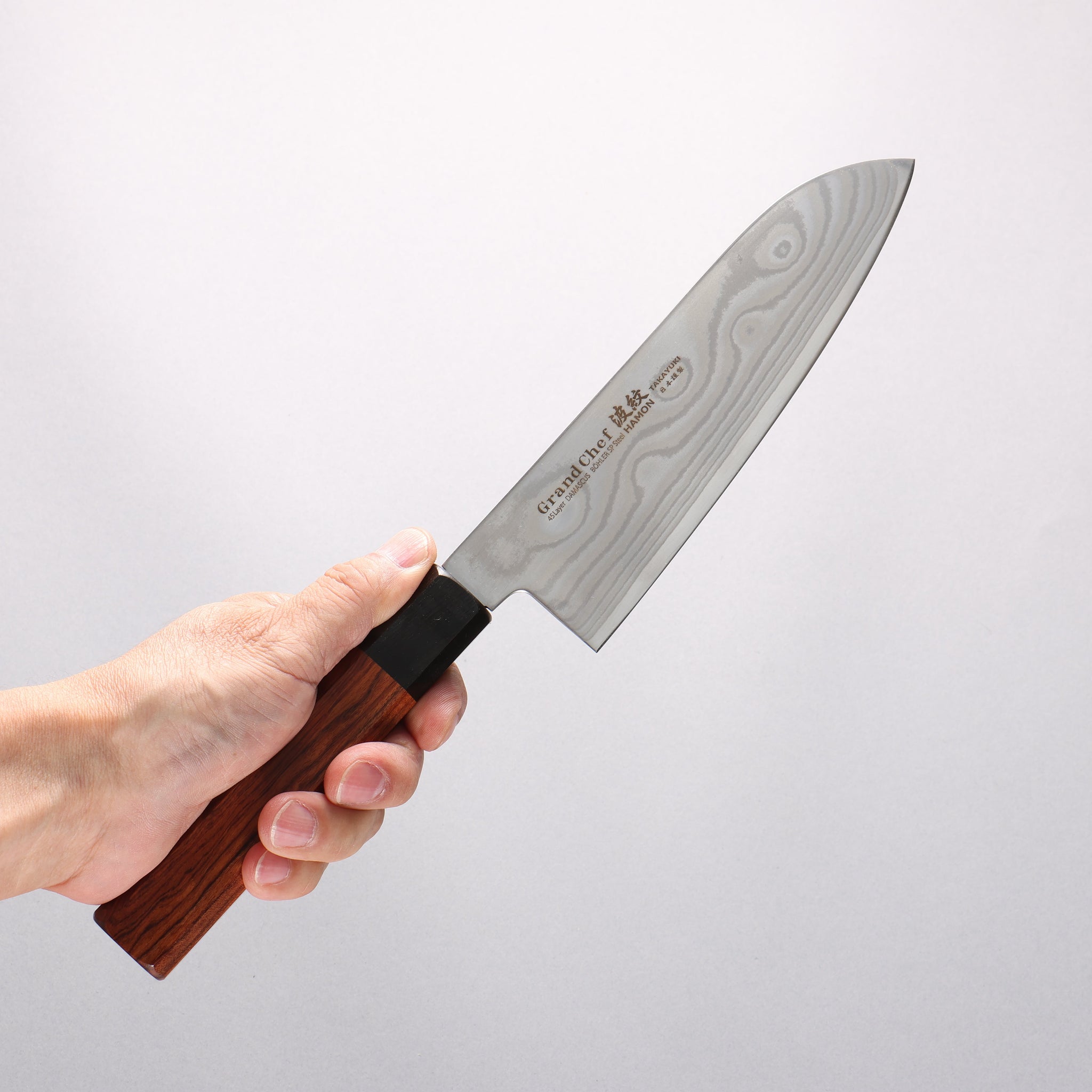 堺 孝行 グランドシェフ 波紋 Böhler SP スチール 45層ダマスカス 三徳包丁 170mm 紫檀 (口輪：黒合板)柄 - 清助刃物