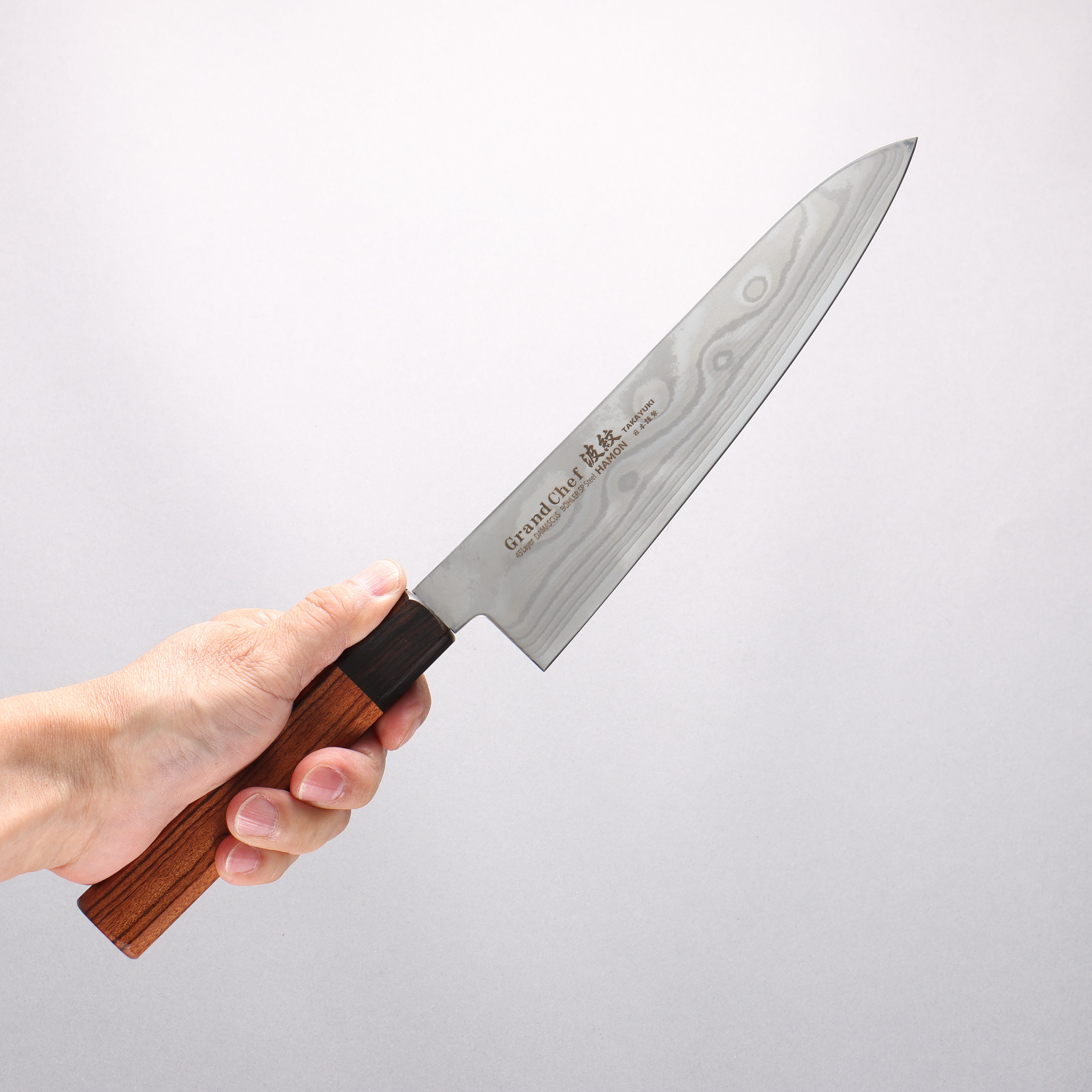 堺 孝行 グランドシェフ 波紋 Böhler SP スチール 45層ダマスカス 牛刀包丁 210mm 紫檀 (口輪：黒合板)柄 - 清助刃物