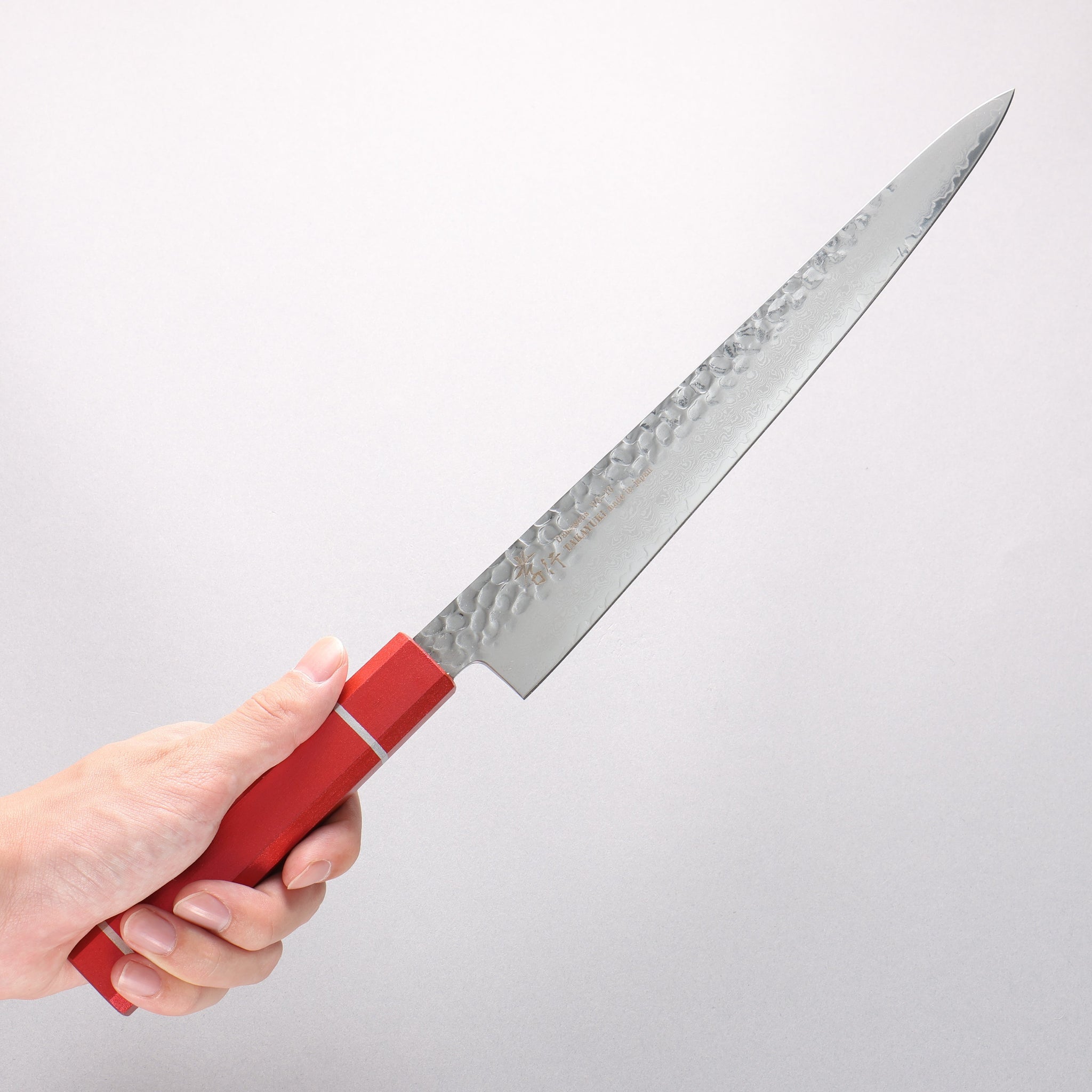 堺 孝行 V金10号 33層ダマスカス 筋引包丁 240mm 樫の木漆塗り(皇赤)柄 - 清助刃物