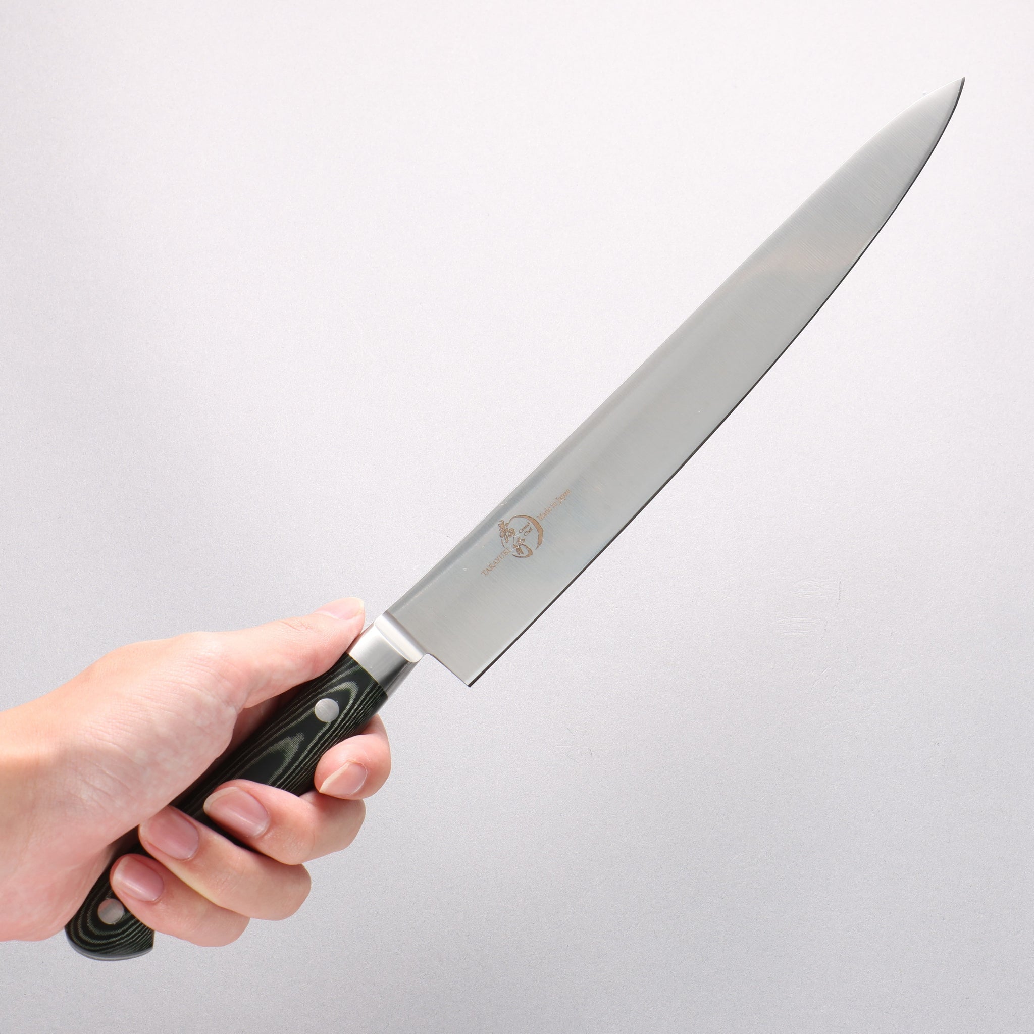 堺 孝行 グランドシェフ グランドシェフ スウェーデン鋼 筋引包丁 240mm 緑マイカルタ柄 - 清助刃物