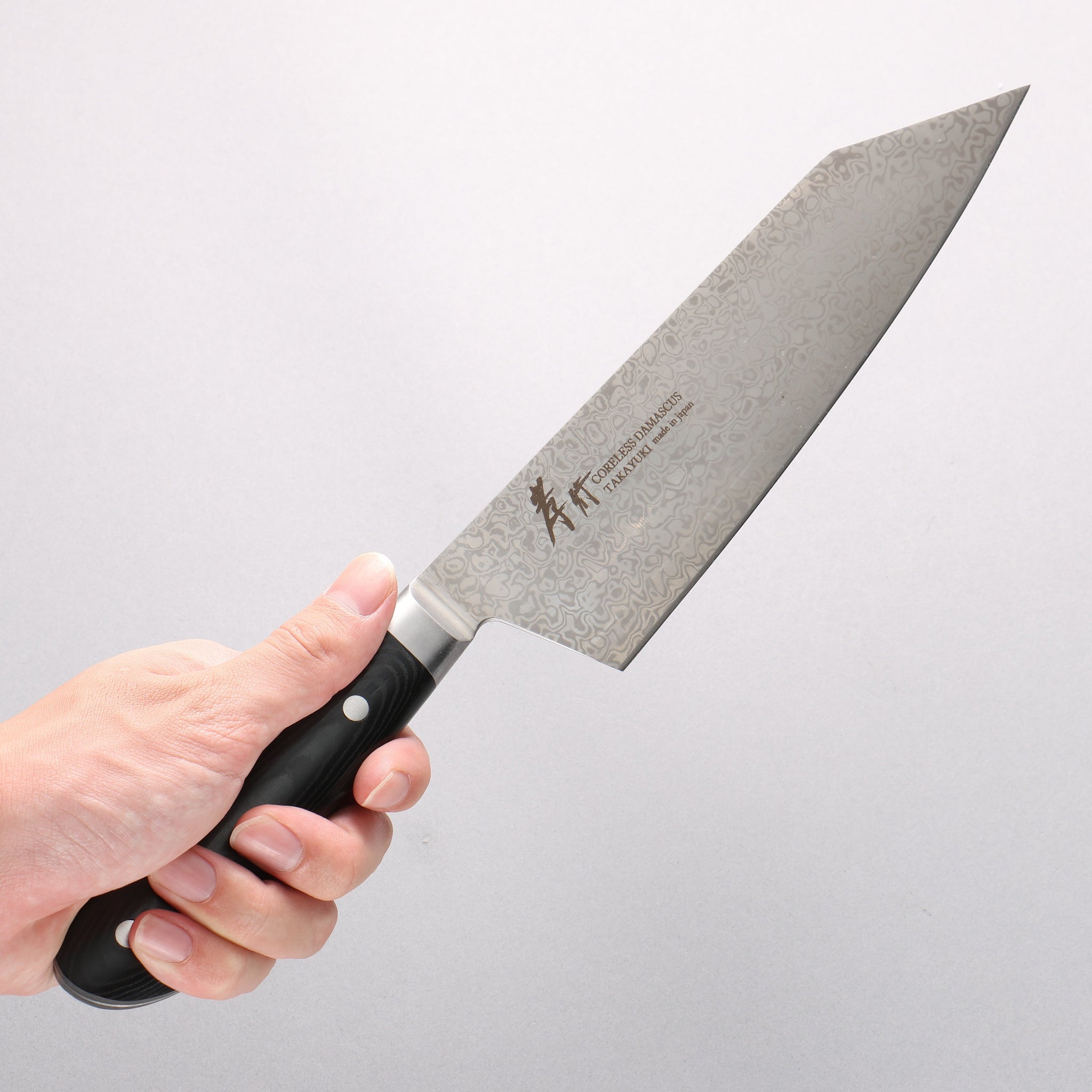 堺 孝行 コアレス ダマスカス 剣型牛刀包丁 190mm 黒マイカルタ柄 - 清助刃物