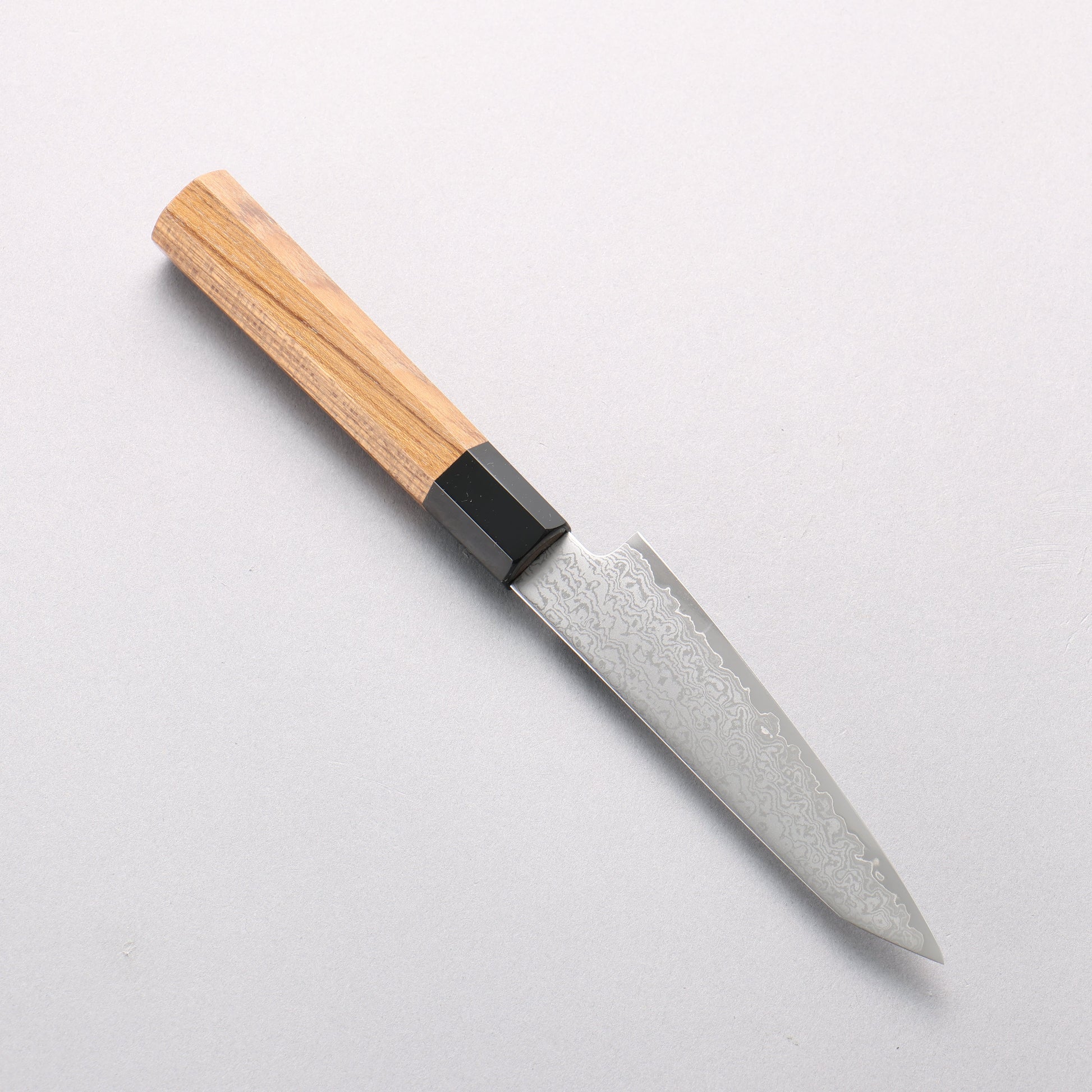 清助 V金10号 ダマスカス 切付ペティナイフ 120mm チーク (口輪：黒プラスチック)柄 - 清助刃物